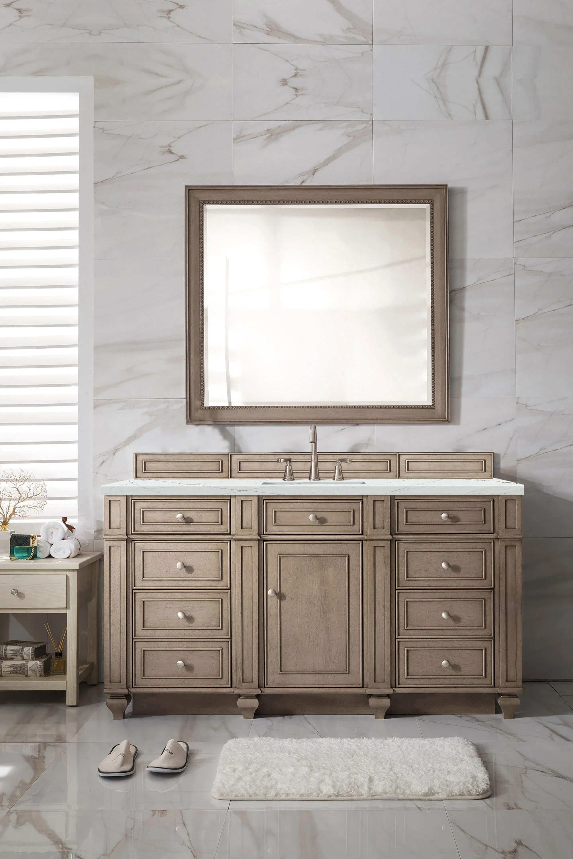 Bristol 60" Single Vanity, Whitewashed Walnut w/ 3 CM Ethereal Noctis Silestone Top w/FreePower Wireless Charger
