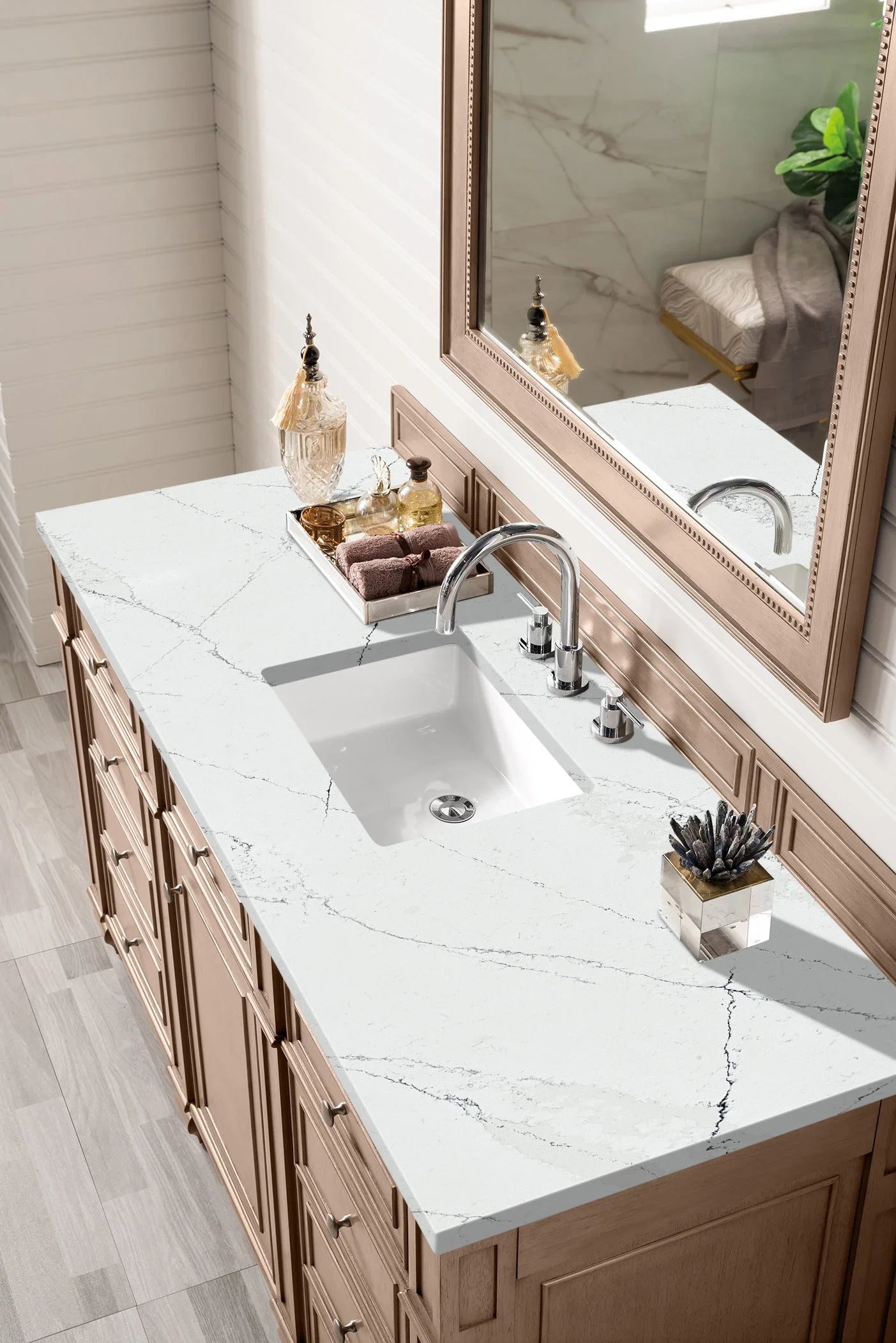 Bristol 60" Single Vanity, Whitewashed Walnut w/ 3 CM Ethereal Noctis Silestone Top w/FreePower Wireless Charger
