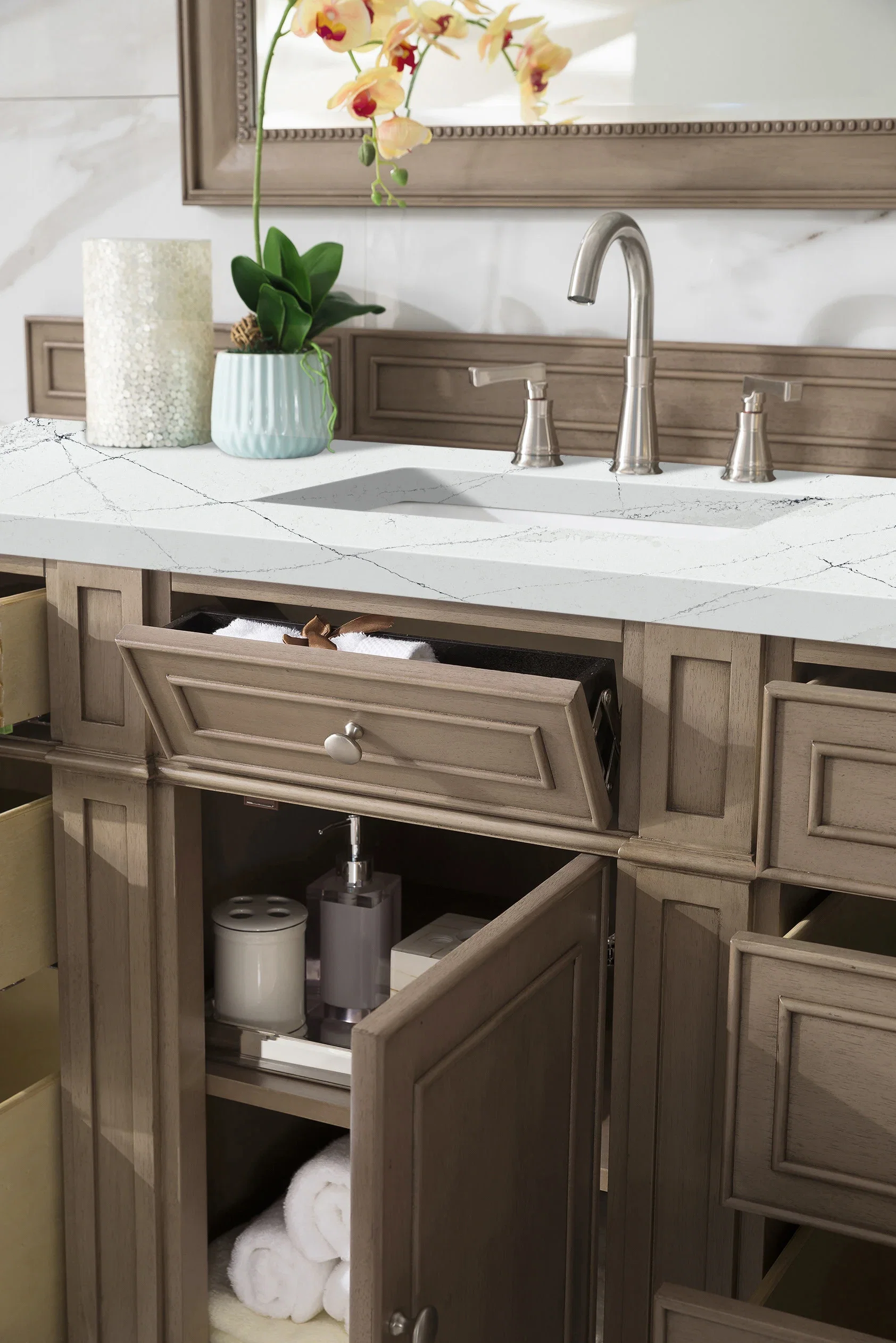 Bristol 60" Single Vanity, Whitewashed Walnut w/ 3 CM Ethereal Noctis Silestone Top w/FreePower Wireless Charger