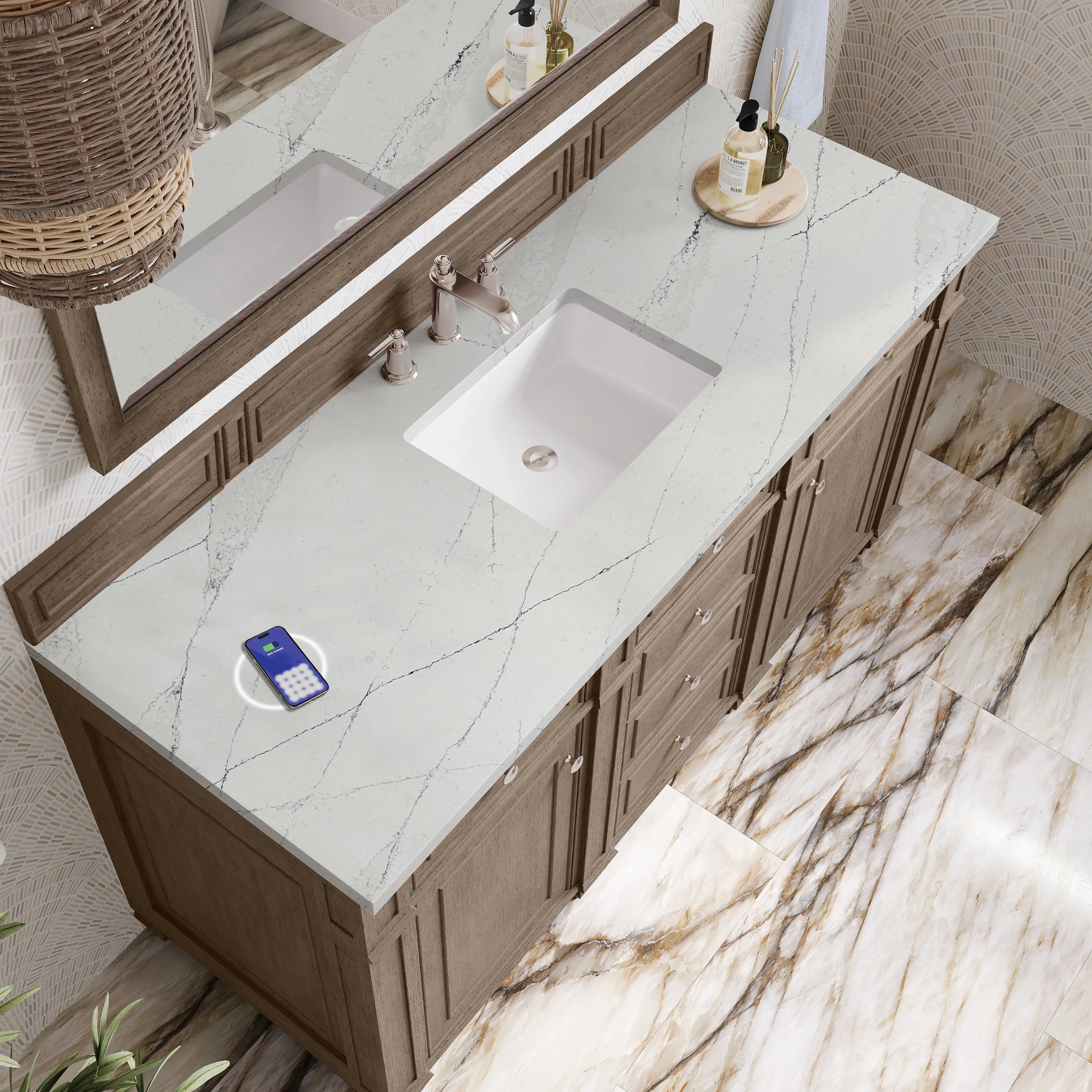 Bristol 60" Single Vanity, Whitewashed Walnut w/ 3 CM Ethereal Noctis Silestone Top w/FreePower Wireless Charger
