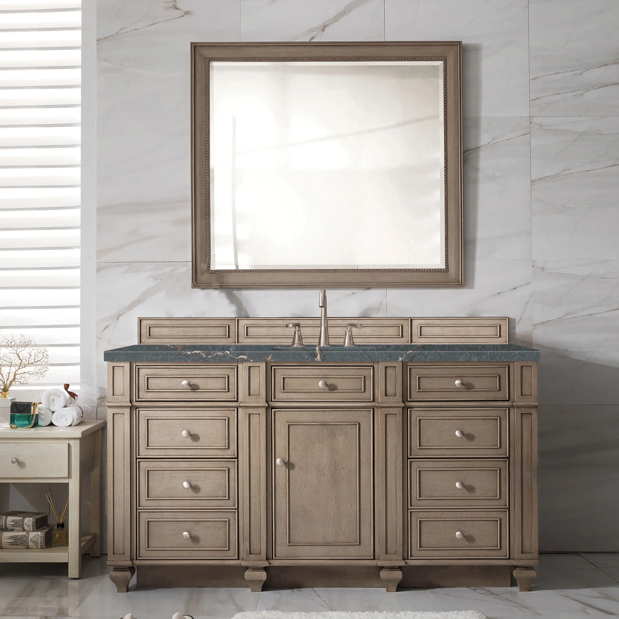 Bristol 60" Single Vanity, Whitewashed Walnut w/ 3 CM Parisien Bleu Silestone Top w/FreePower Wireless Charger