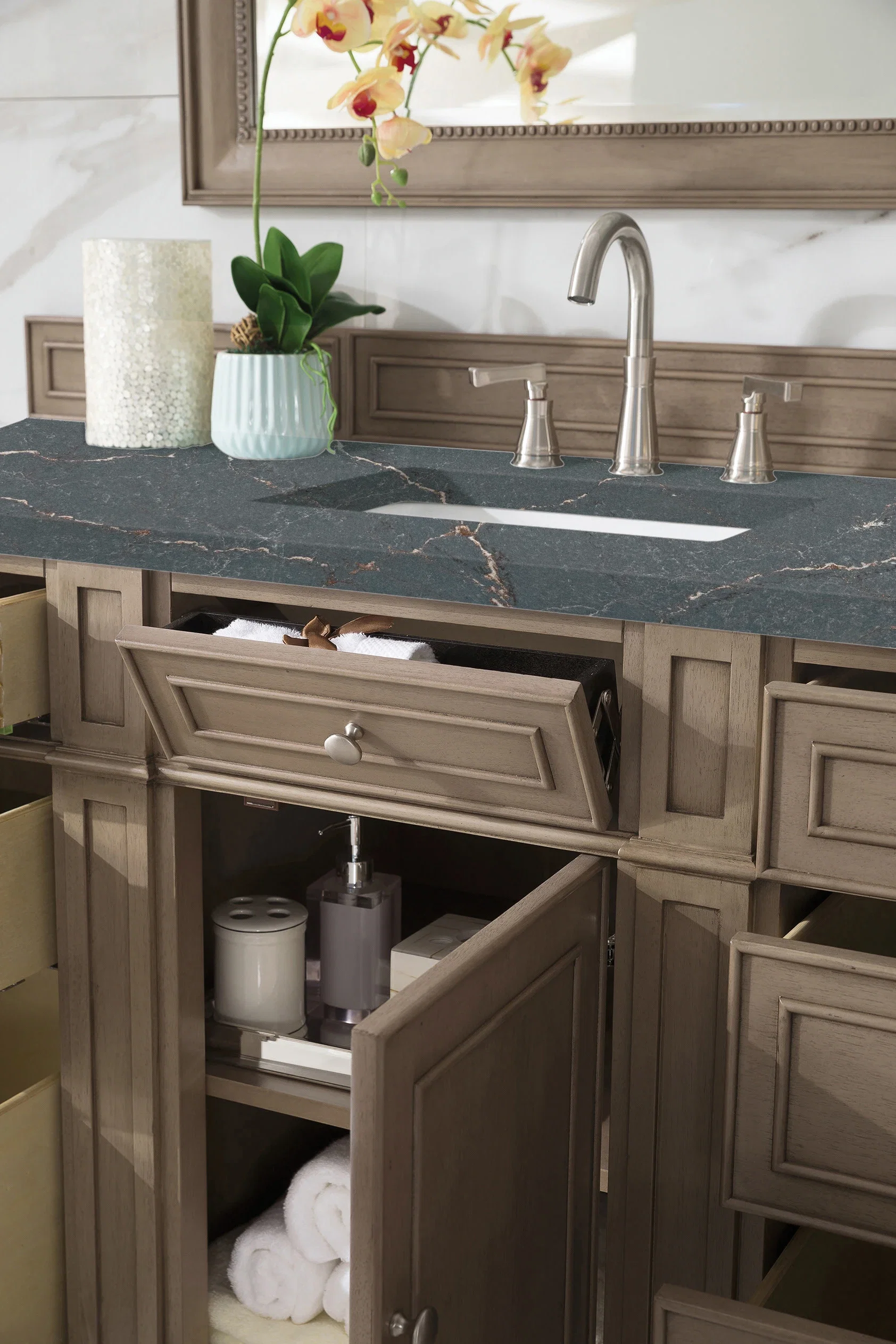 Bristol 60" Single Vanity, Whitewashed Walnut w/ 3 CM Parisien Bleu Silestone Top w/FreePower Wireless Charger