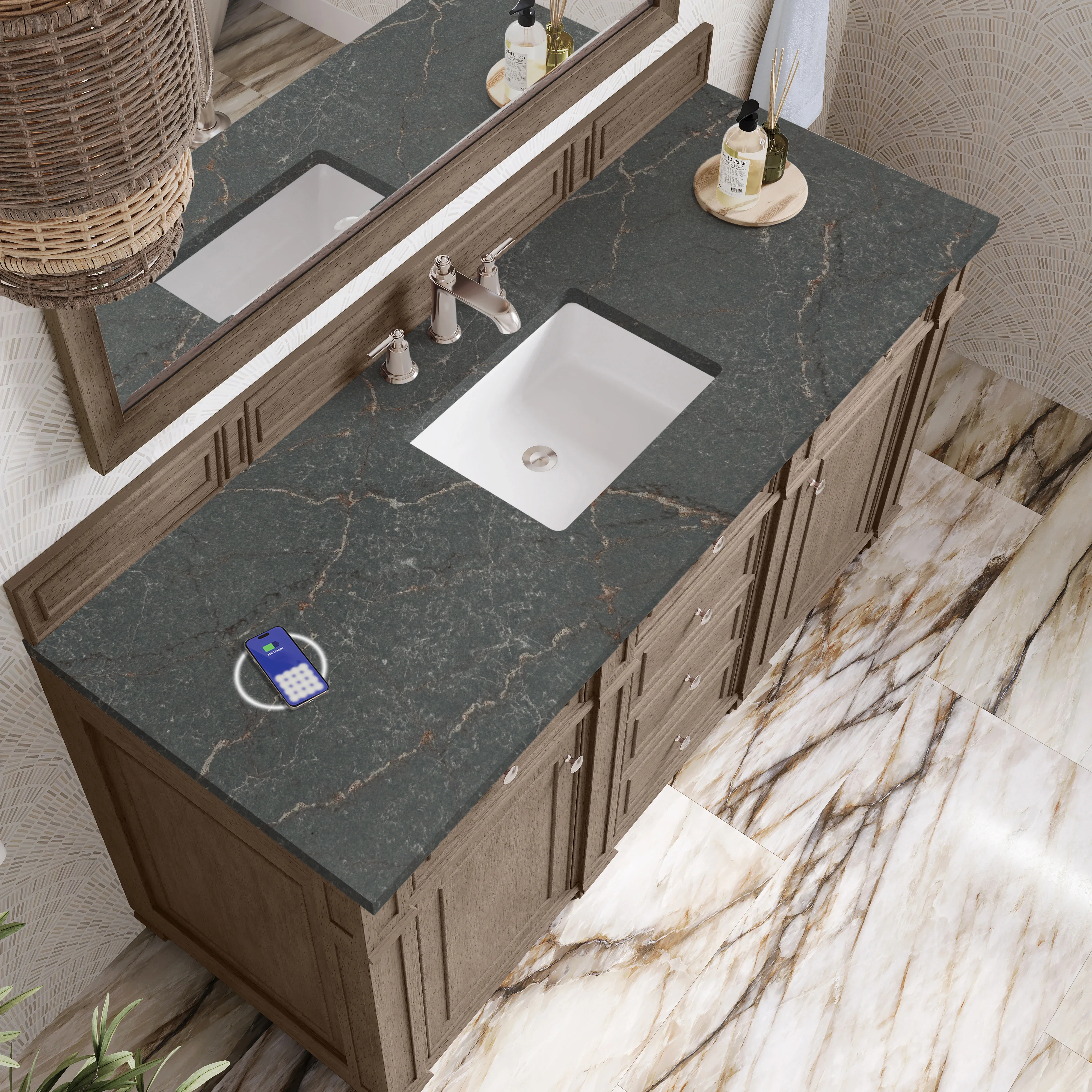 Bristol 60" Single Vanity, Whitewashed Walnut w/ 3 CM Parisien Bleu Silestone Top w/FreePower Wireless Charger