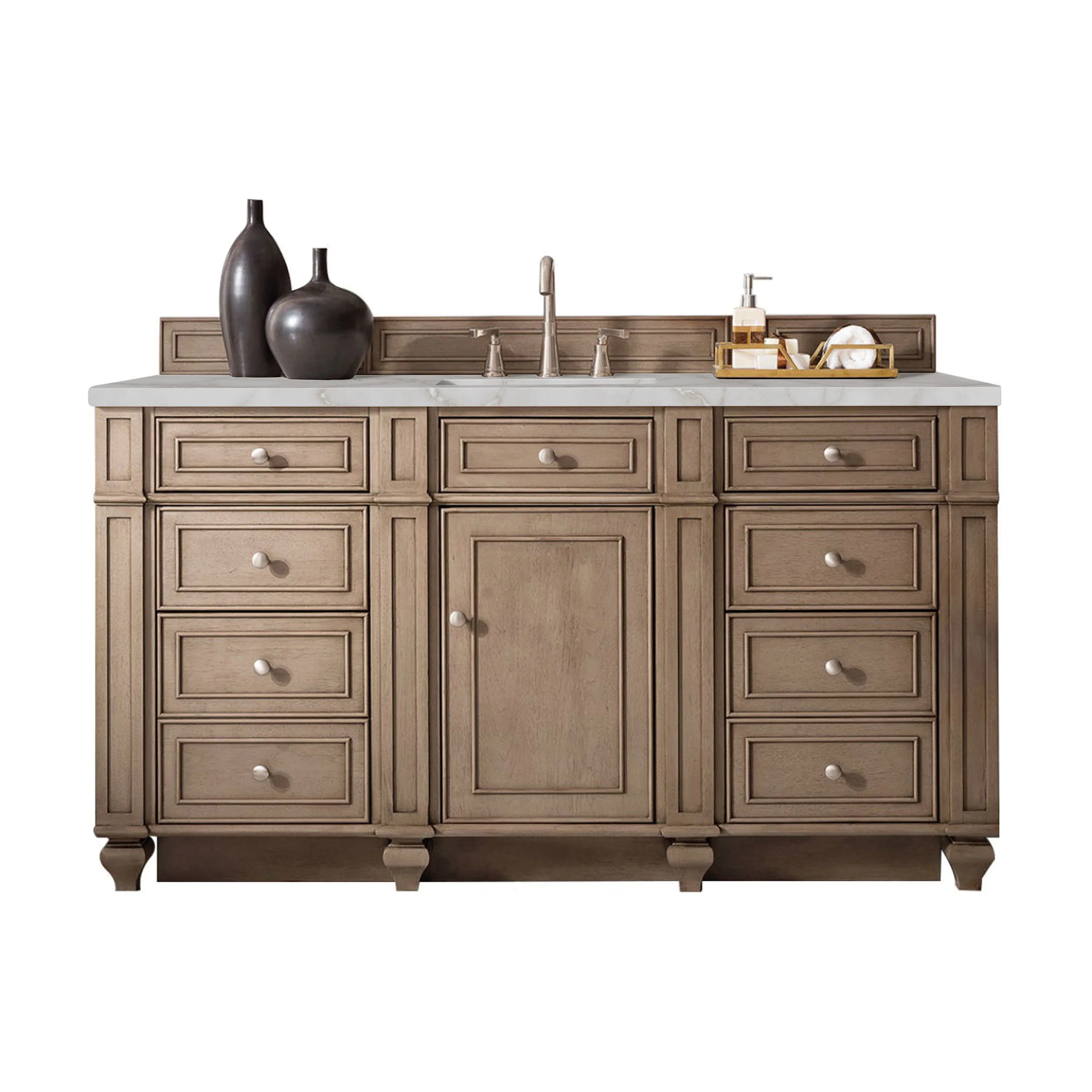 Bristol 60" Single Vanity, Whitewashed Walnut w/ 3 CM Victorian Silver Silestone Top w/FreePower Wireless Charger