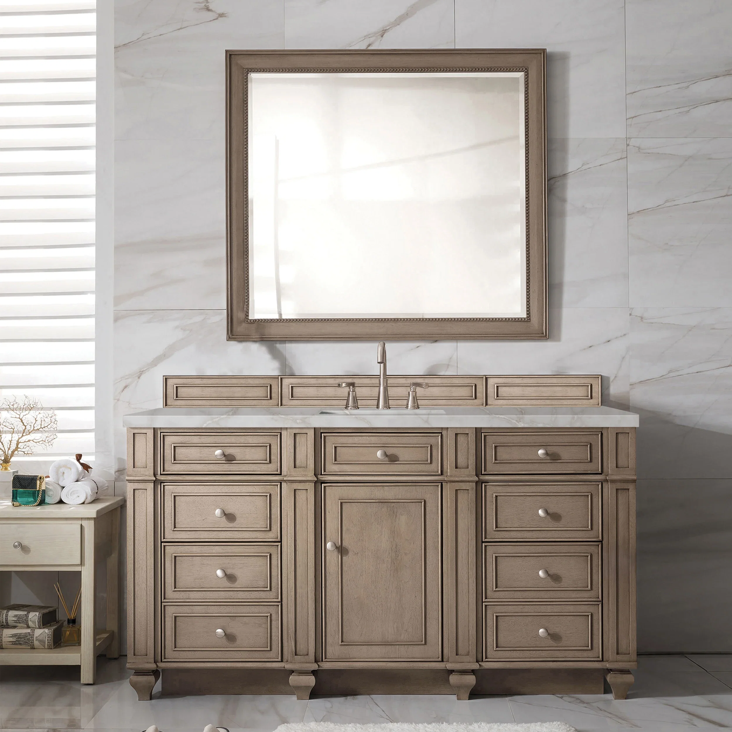 Bristol 60" Single Vanity, Whitewashed Walnut w/ 3 CM Victorian Silver Silestone Top w/FreePower Wireless Charger