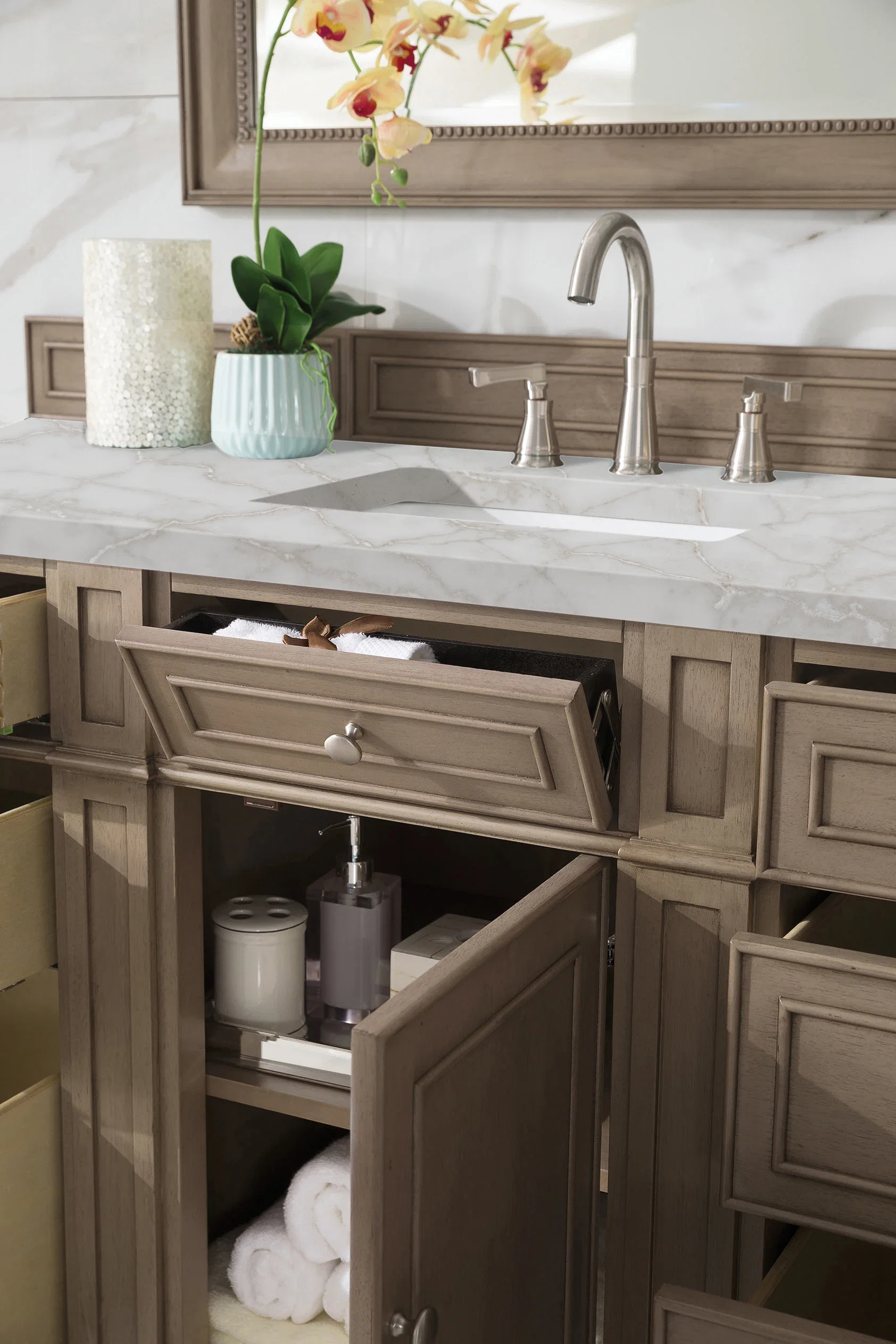 Bristol 60" Single Vanity, Whitewashed Walnut w/ 3 CM Victorian Silver Silestone Top w/FreePower Wireless Charger