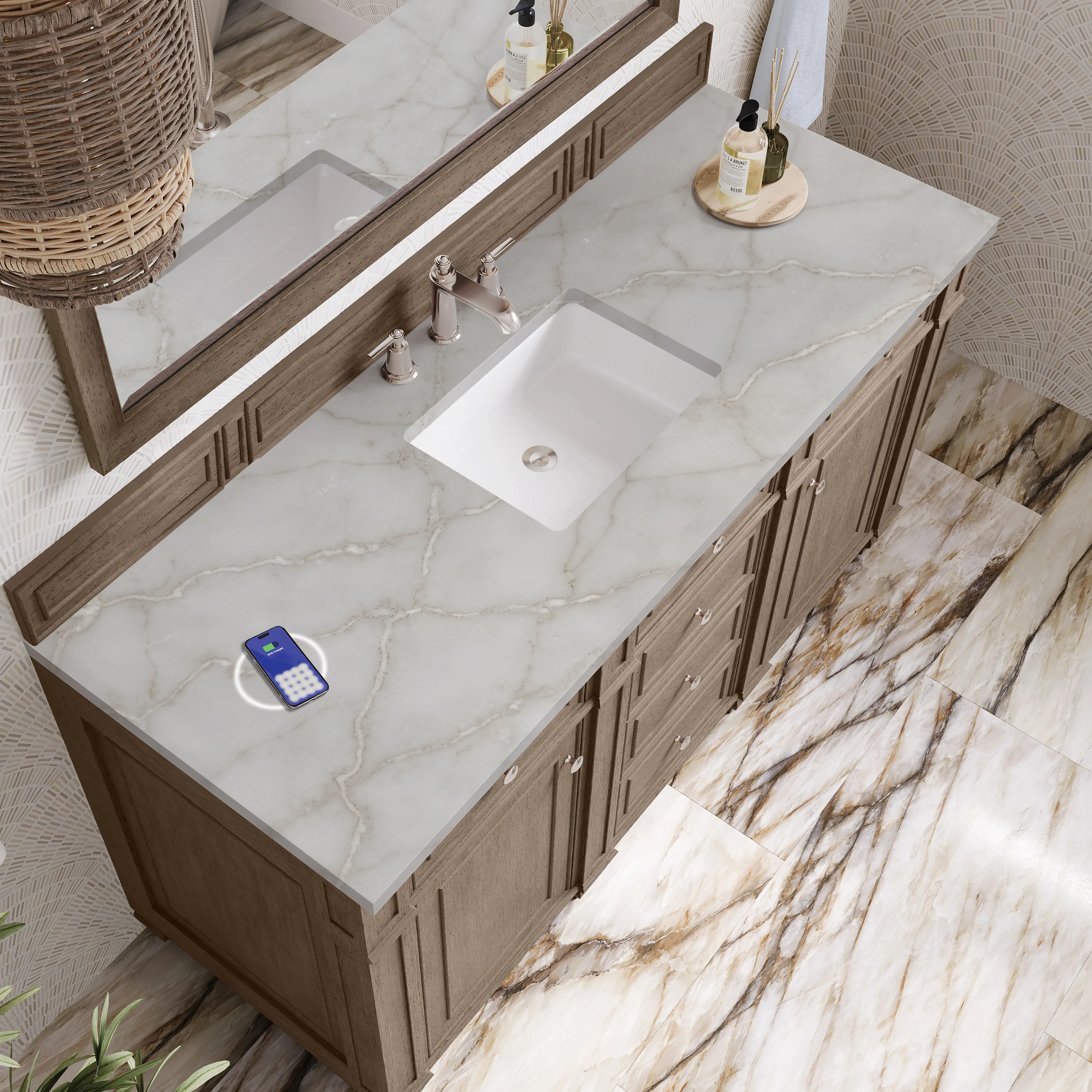 Bristol 60" Single Vanity, Whitewashed Walnut w/ 3 CM Victorian Silver Silestone Top w/FreePower Wireless Charger