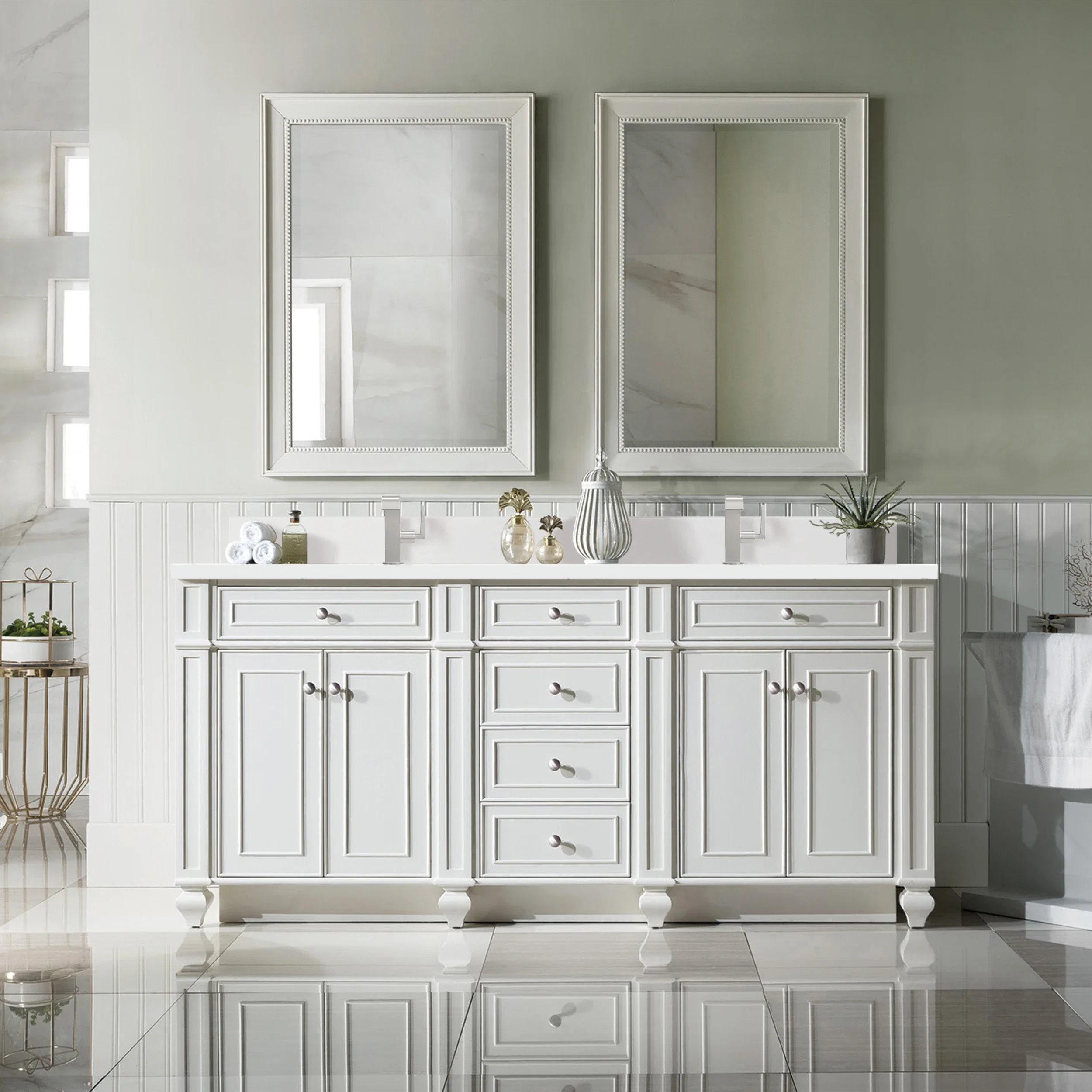 Bristol 72" Double Vanity, Bright White w/ Single Hole 3 CM White Zeus Silestone Top & Backsplash