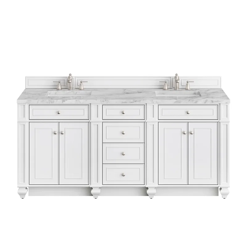 Bristol 72" Double Vanity, Bright White w/ 3 CM Carrara Marble Top