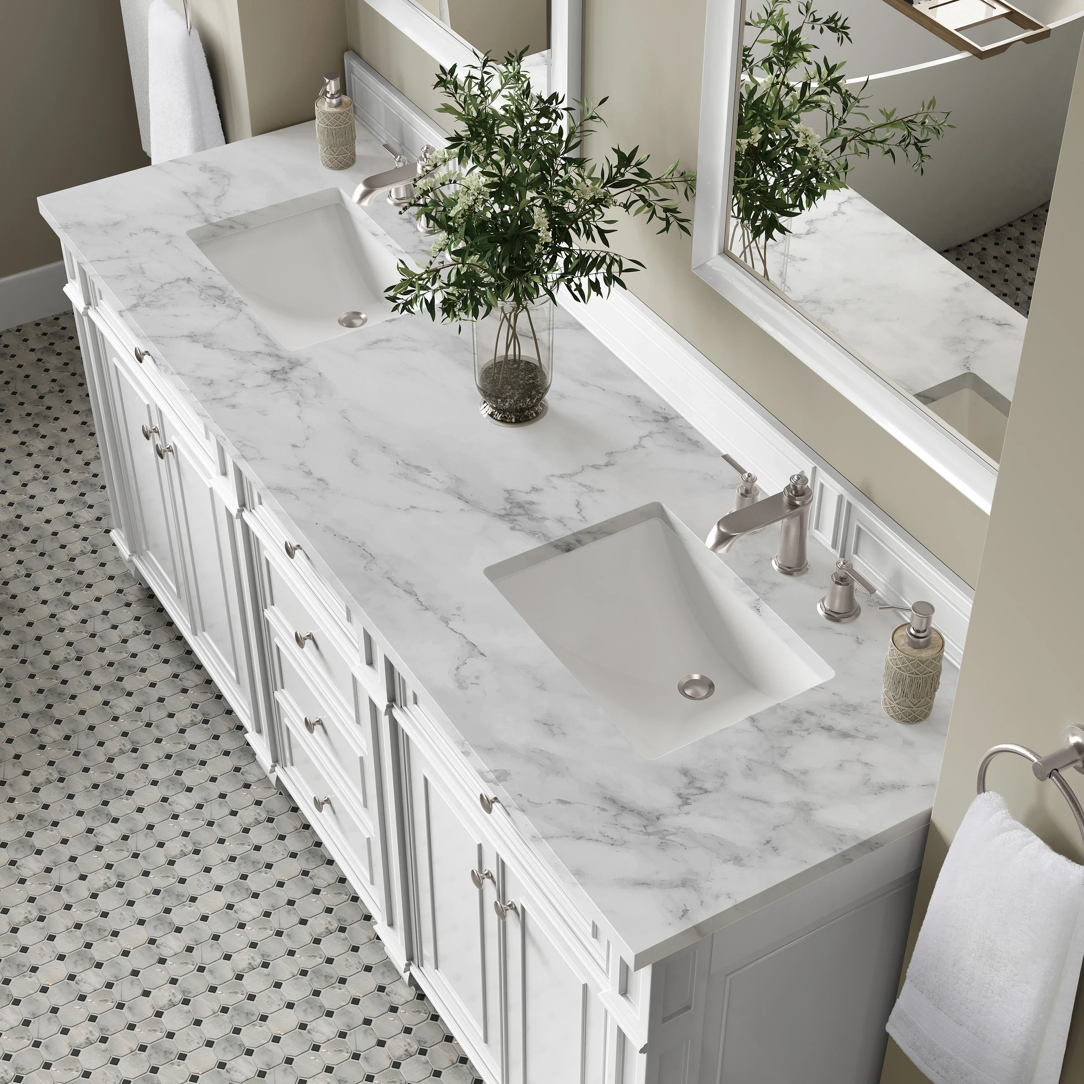 Bristol 72" Double Vanity, Bright White w/ 3 CM Carrara Marble Top