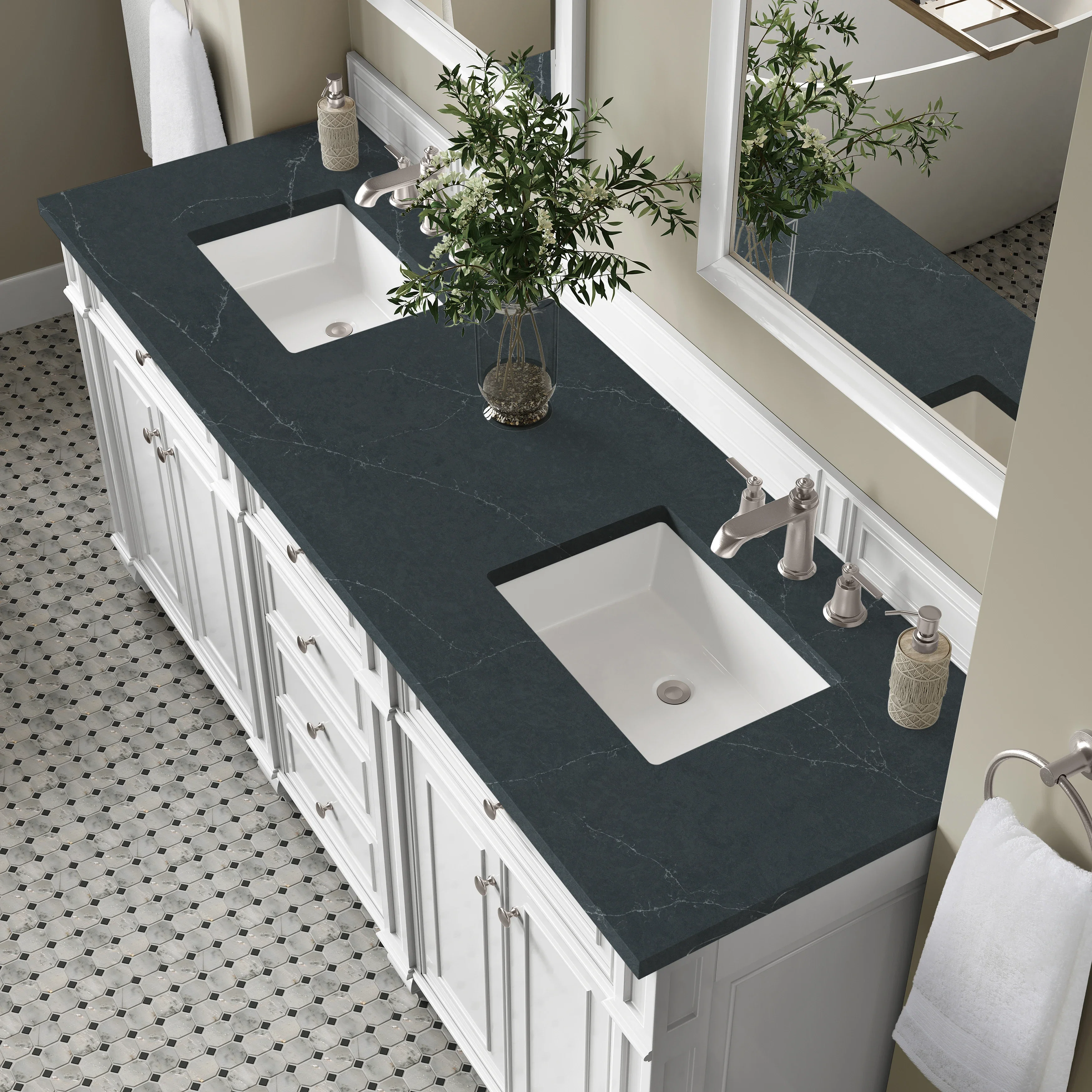 Bristol 72" Double Vanity, Bright White w/ 3 CM Charcoal Soapstone Silestone Top