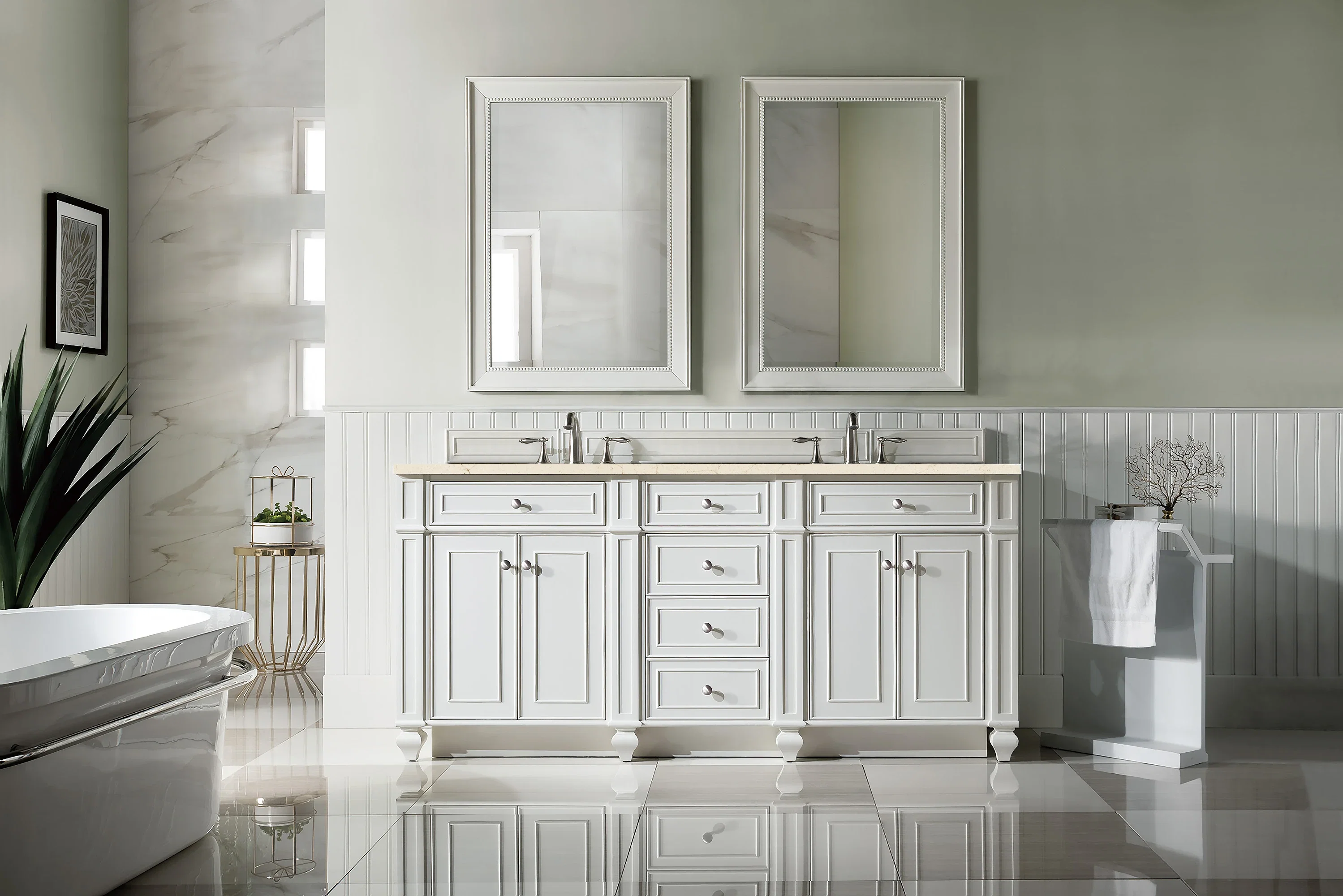 Bristol 72" Double Vanity, Bright White w/ 3 CM Eternal Marfil Silestone Top