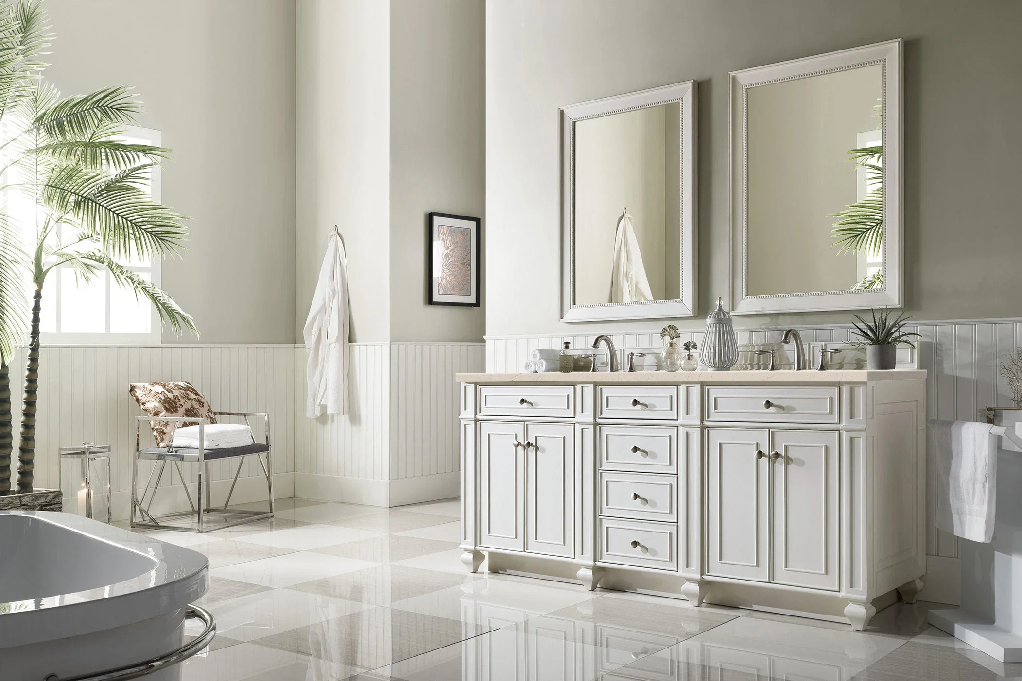 Bristol 72" Double Vanity, Bright White w/ 3 CM Eternal Marfil Silestone Top
