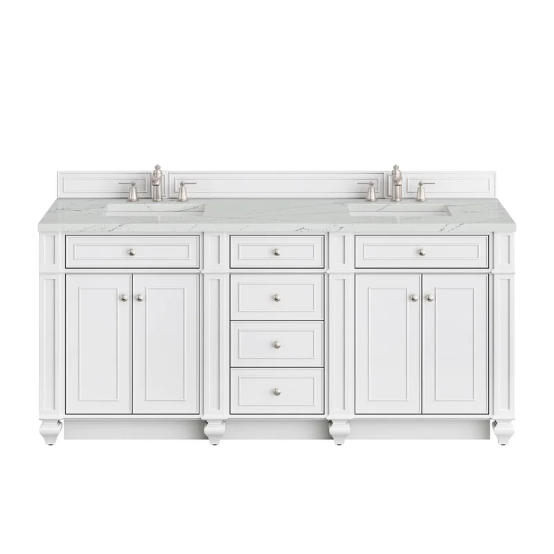 Bristol 72" Double Vanity, Bright White w/ 3 CM Ethereal Noctis Silestone Top