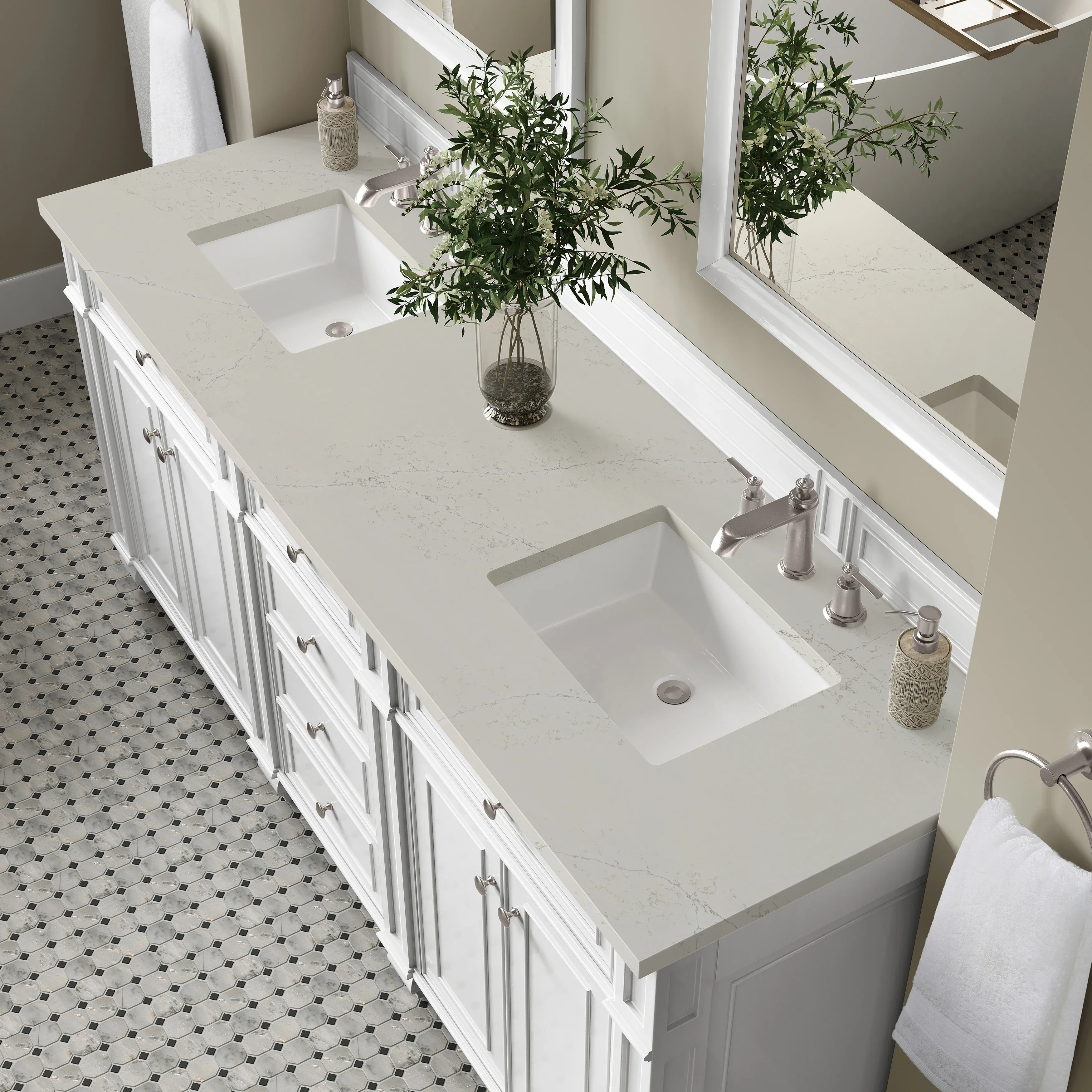Bristol 72" Double Vanity, Bright White, w/ 3 CM Siberian Silestone Top