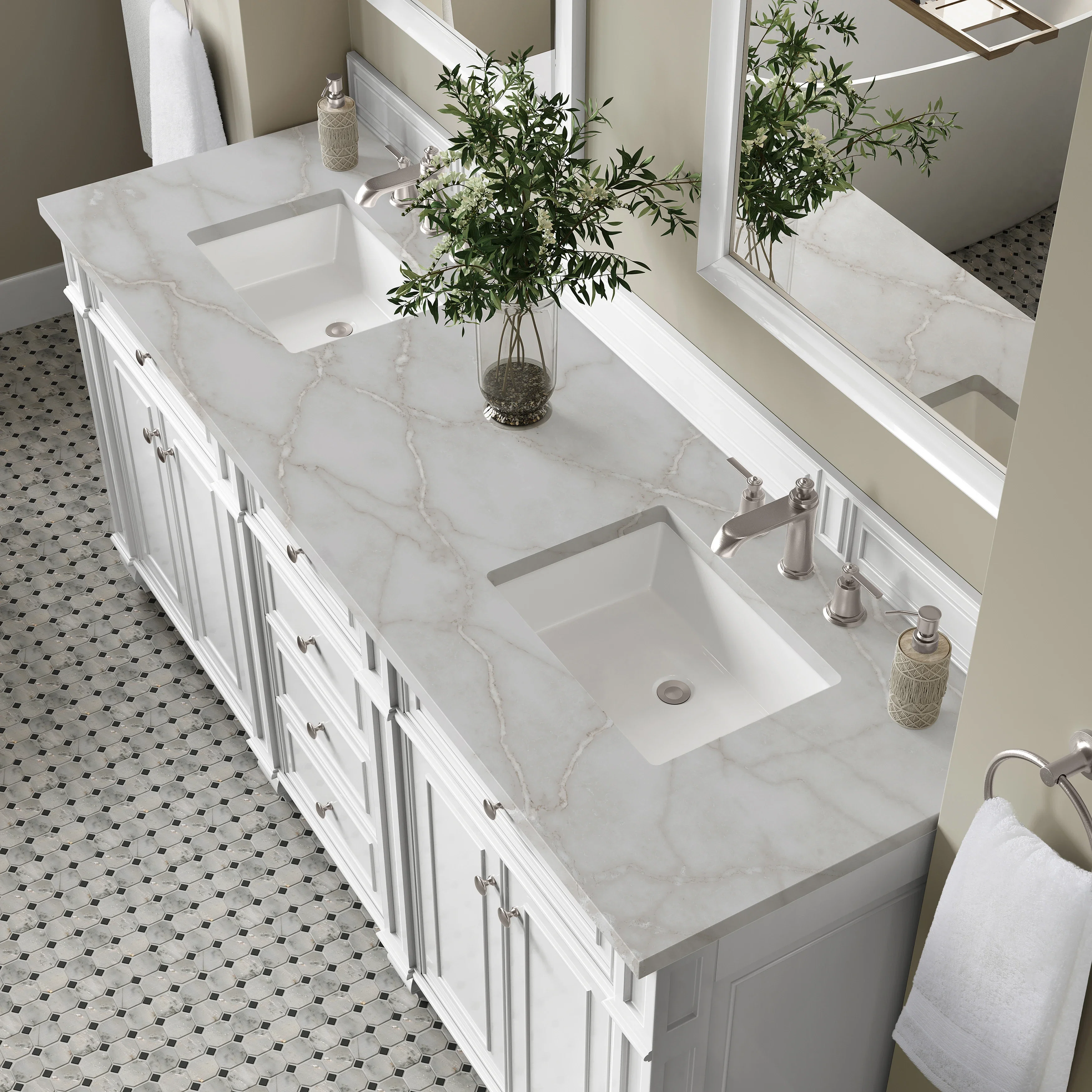 Bristol 72" Double Vanity, Bright White w/ 3 CM Victorian Silver Silestone Top