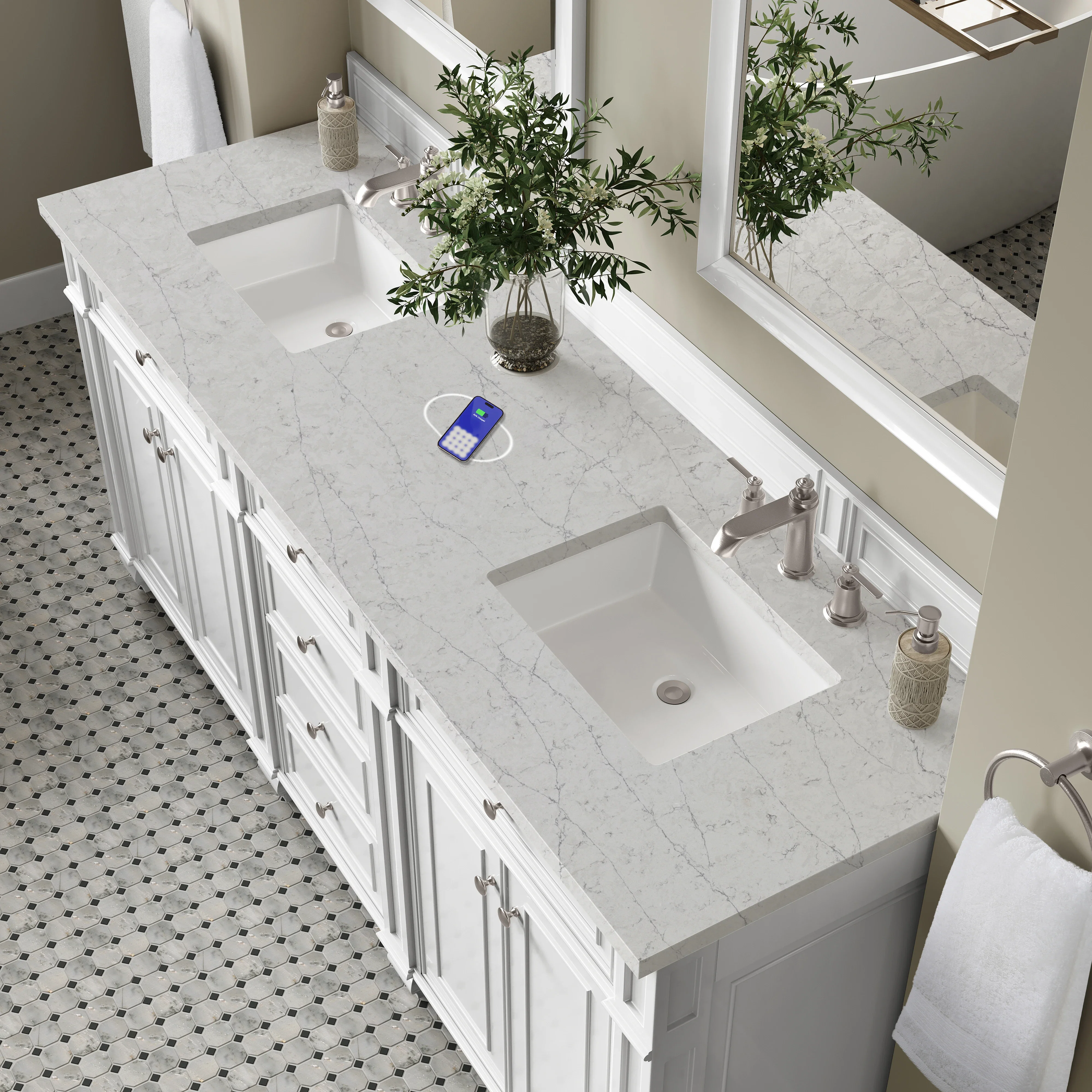Bristol 72" Double Vanity, Bright White w/ 3 CM Eternal Jasmine Pearl Silestone Top w/FreePower Wireless Charger