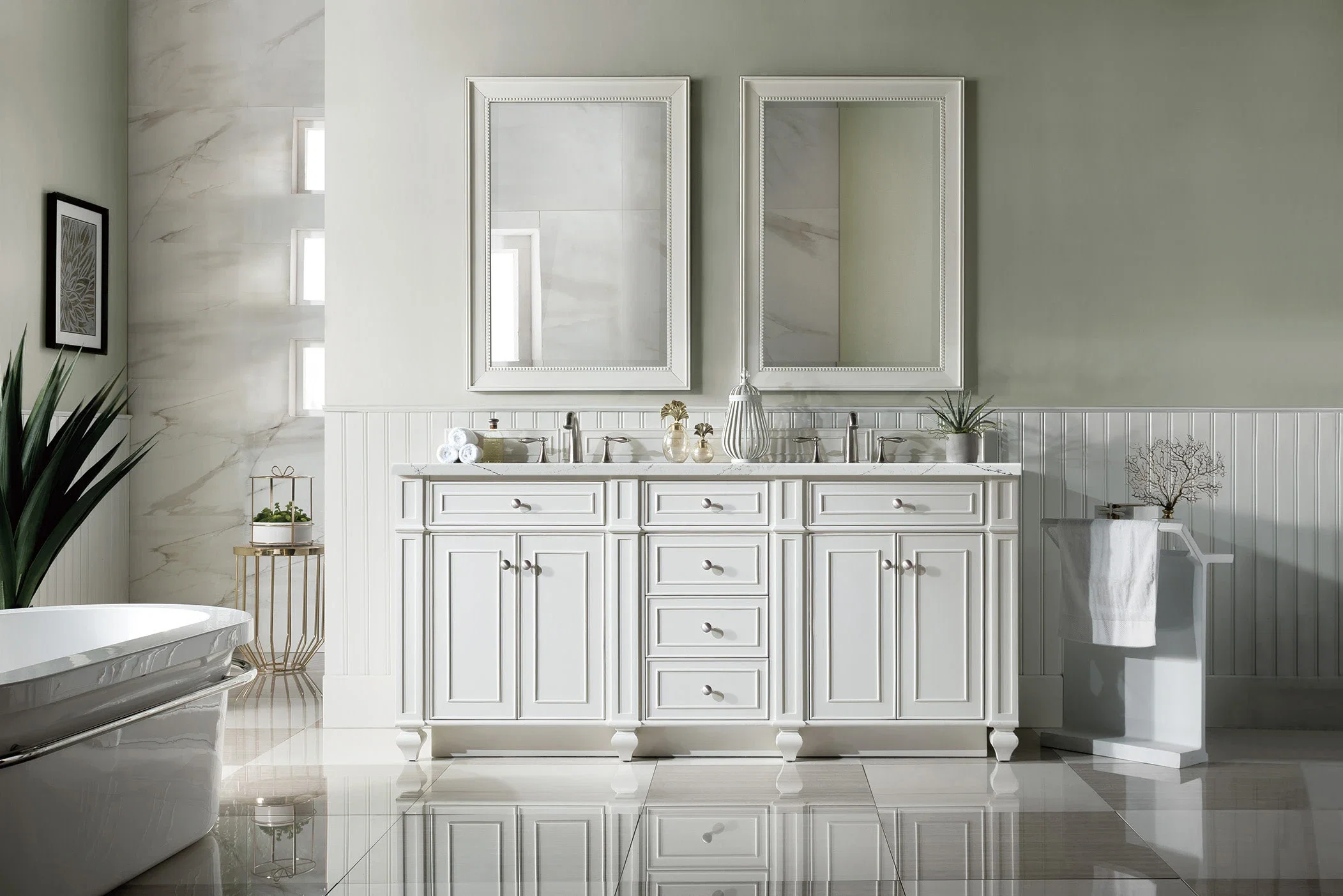 Bristol 72" Double Vanity, Bright White w/ 3 CM Ethereal Noctis Silestone Top w/FreePower Wireless Charger