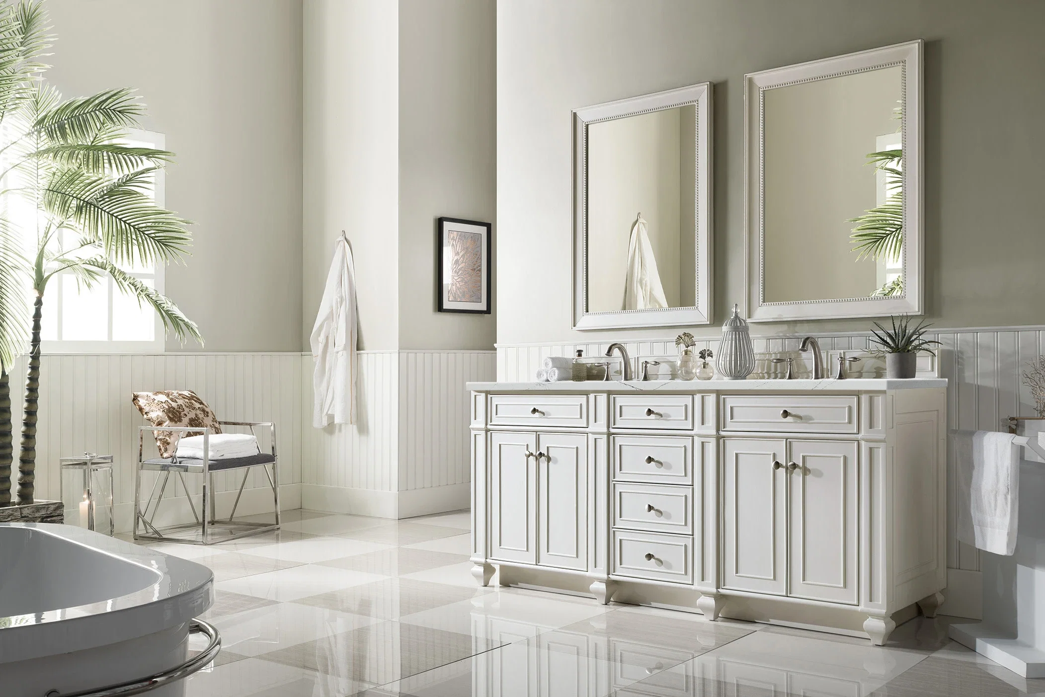 Bristol 72" Double Vanity, Bright White w/ 3 CM Ethereal Noctis Silestone Top w/FreePower Wireless Charger
