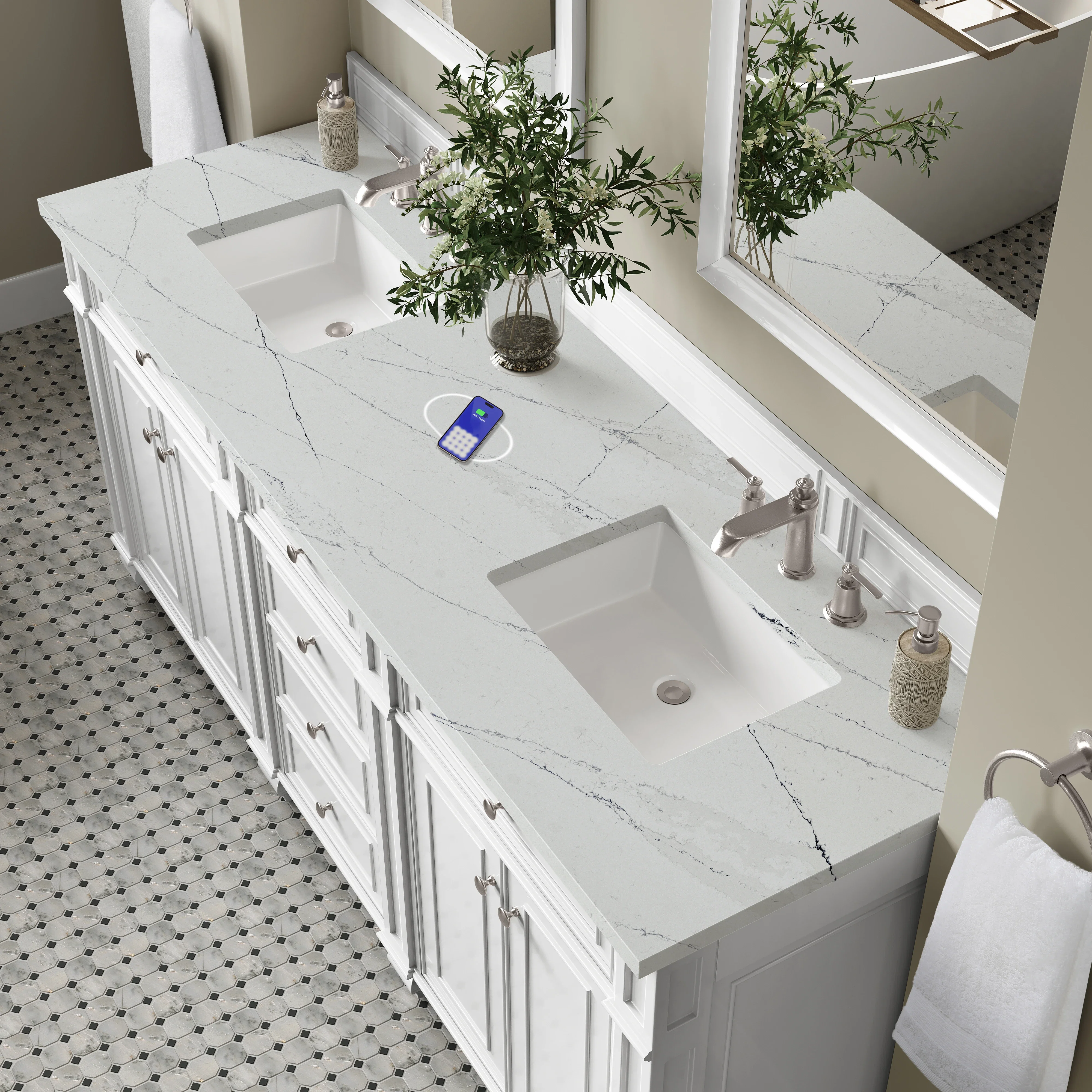 Bristol 72" Double Vanity, Bright White w/ 3 CM Ethereal Noctis Silestone Top w/FreePower Wireless Charger