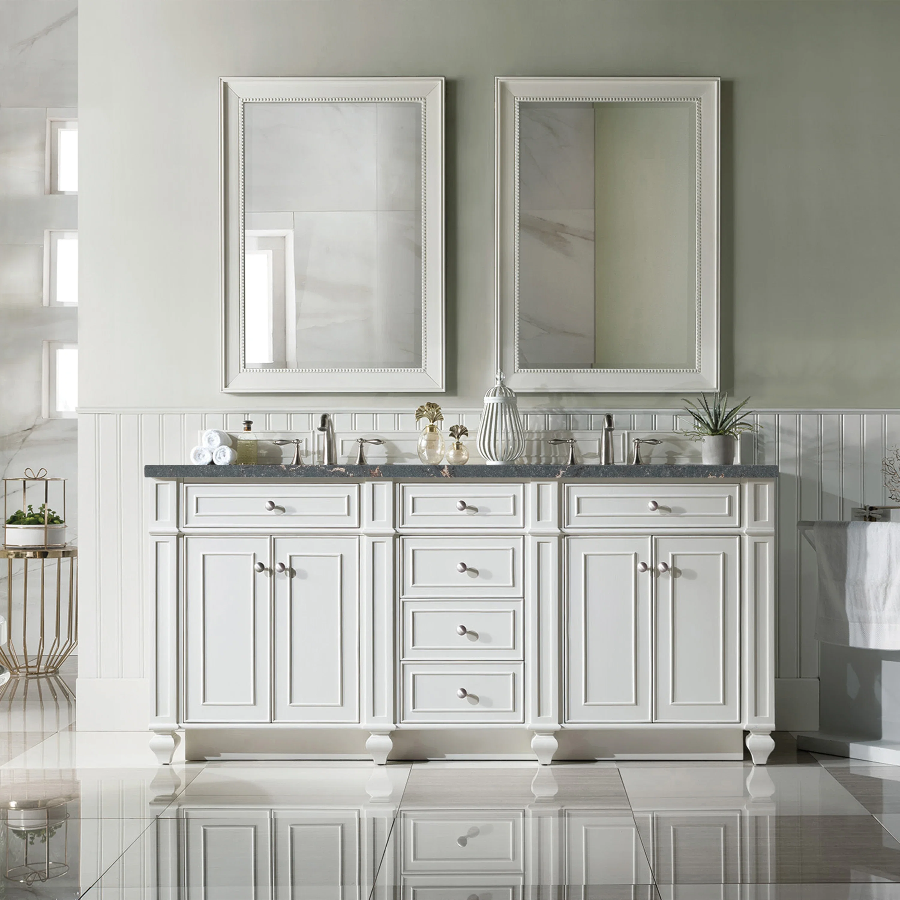 Bristol 72" Double Vanity, Bright White w/ 3 CM Parisien Bleu Silestone Top w/FreePower Wireless Charger