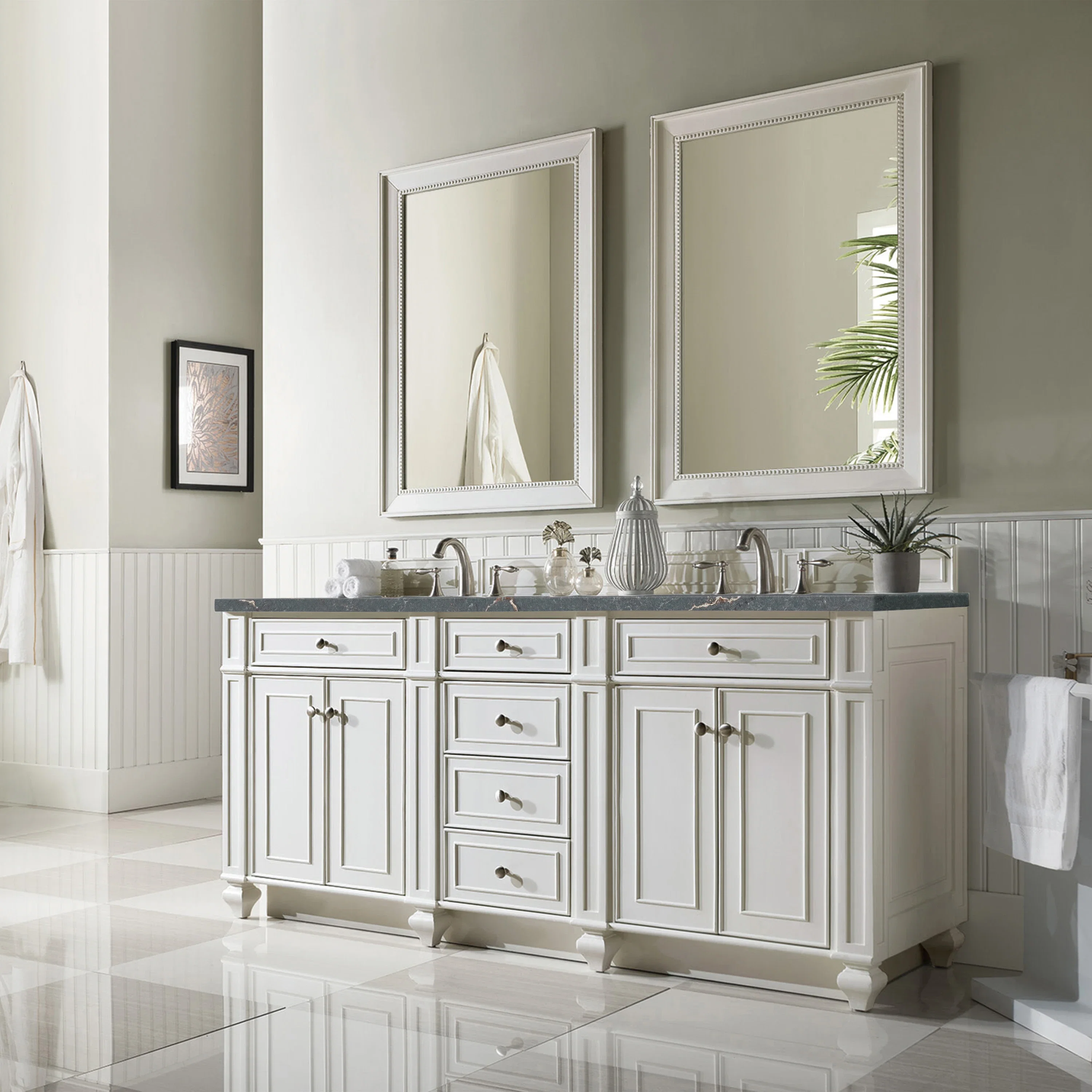 Bristol 72" Double Vanity, Bright White w/ 3 CM Parisien Bleu Silestone Top w/FreePower Wireless Charger