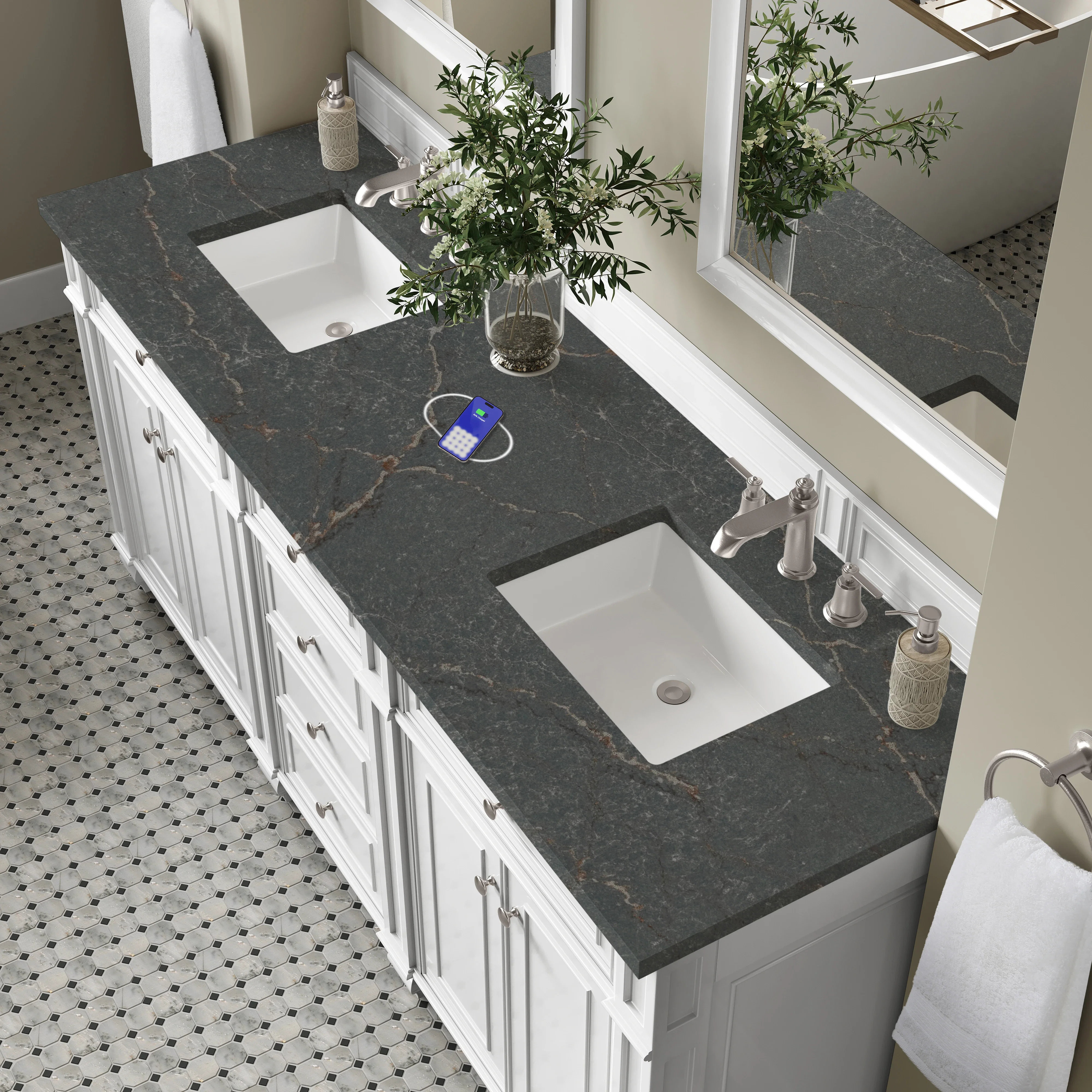 Bristol 72" Double Vanity, Bright White w/ 3 CM Parisien Bleu Silestone Top w/FreePower Wireless Charger