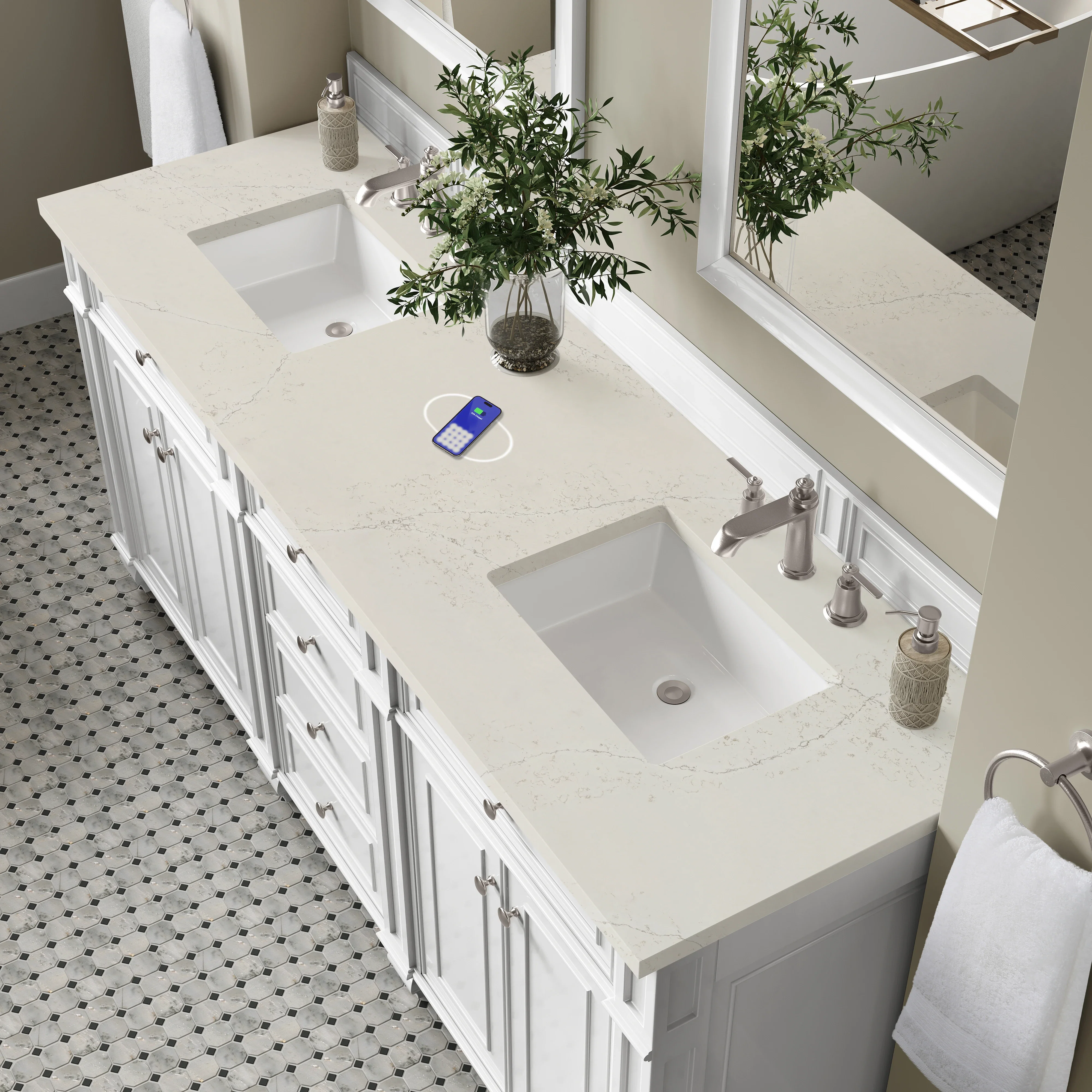 Bristol 72" Double Vanity, Bright White, w/ 3 CM Siberian Silestone Top w/FreePower Wireless Charger