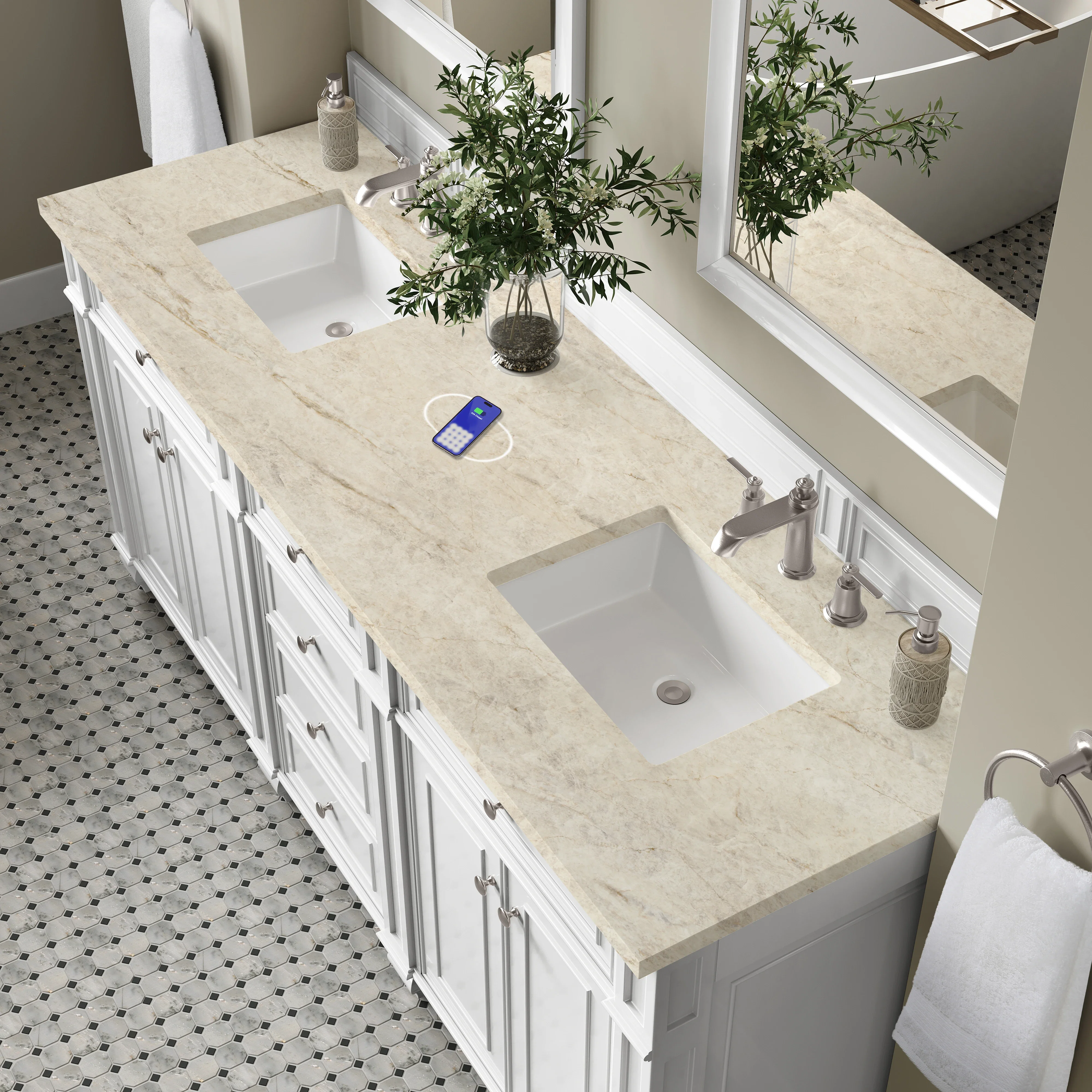 Bristol 72" Double Vanity, Bright White, w/ 3 CM Tajnar Eclos Top w/FreePower Wireless Charger