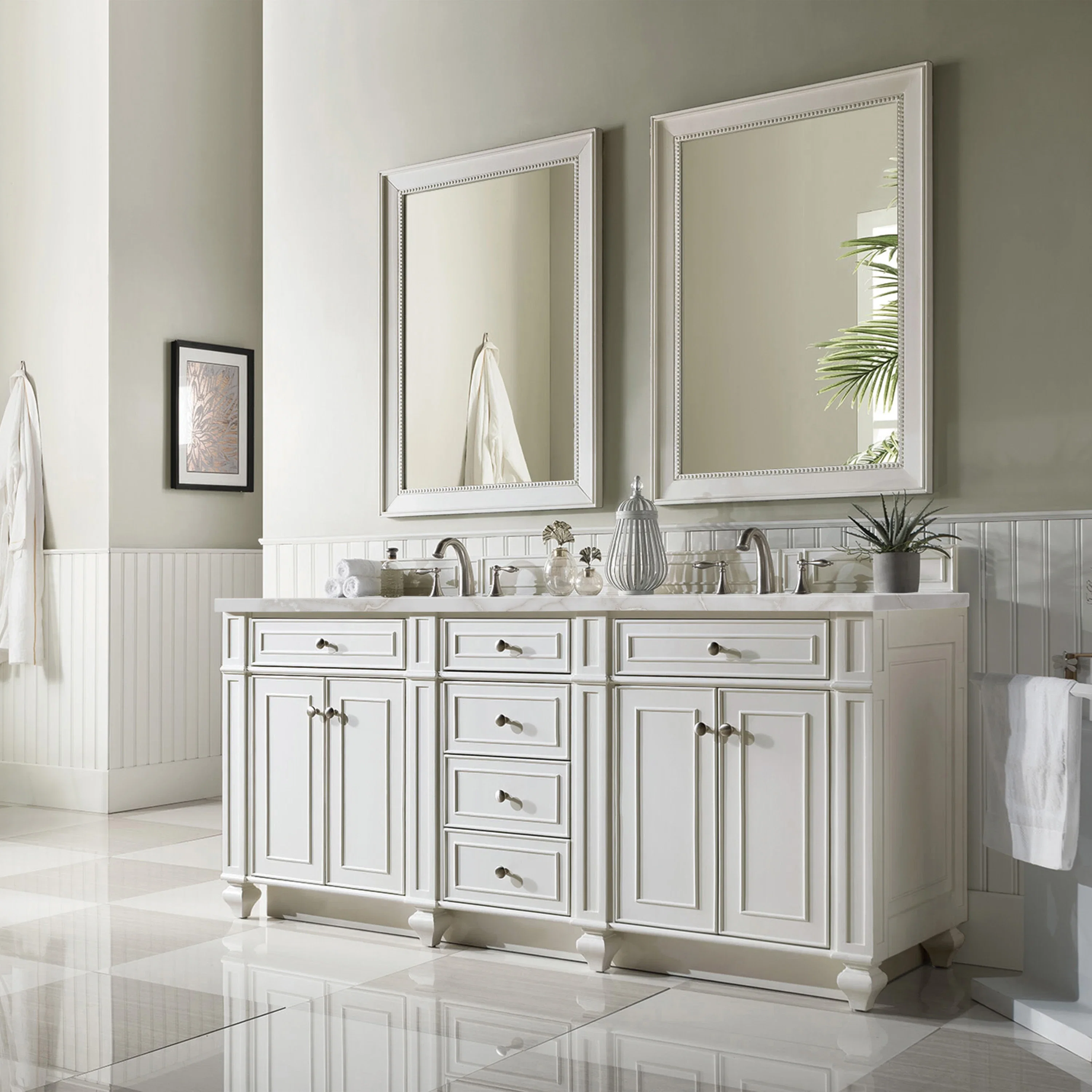 Bristol 72" Double Vanity, Bright White w/ 3 CM Victorian Silver Silestone Top w/FreePower Wireless Charger