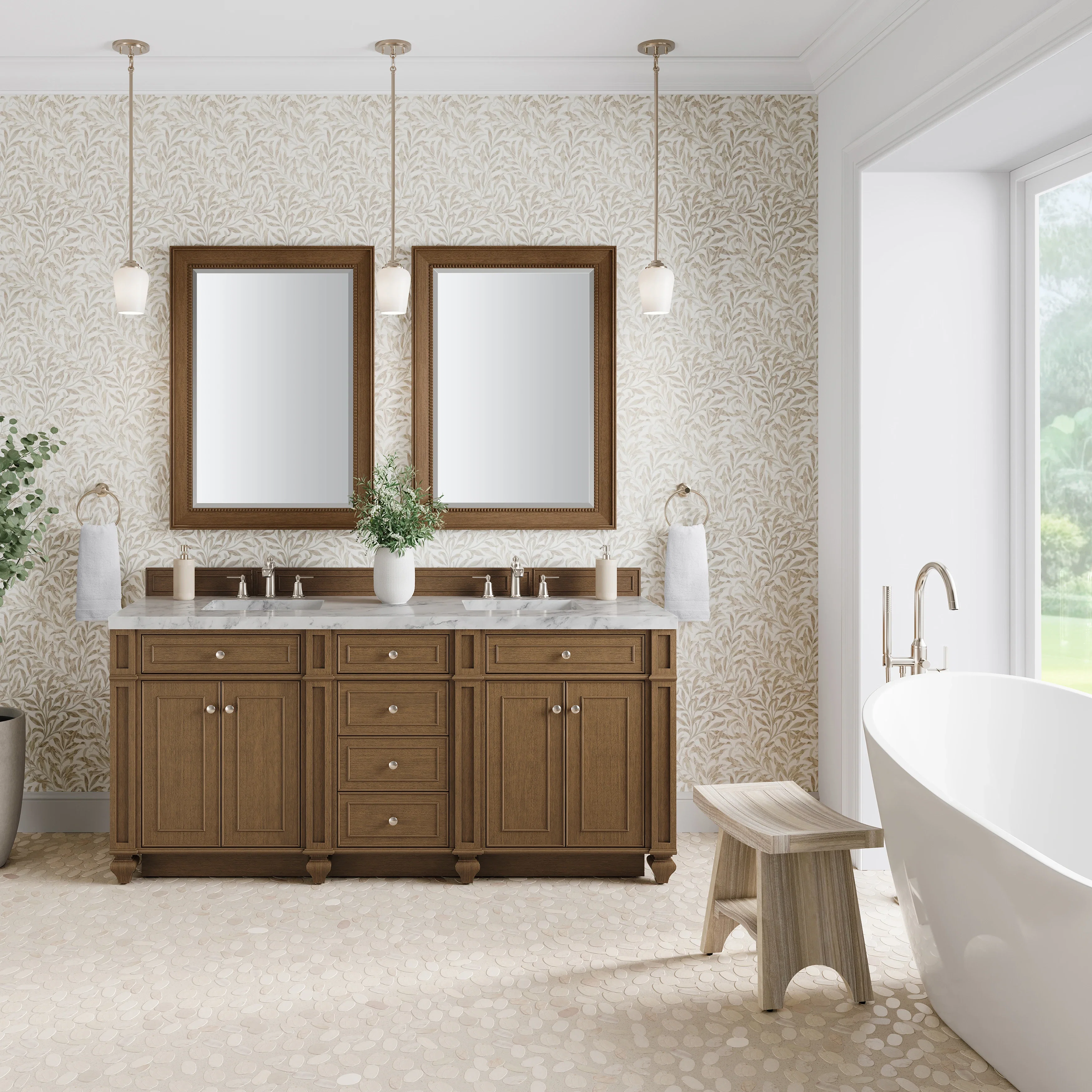 Bristol 72" Double Vanity, Saddle Brown w/ 3 CM Carrara Marble Top