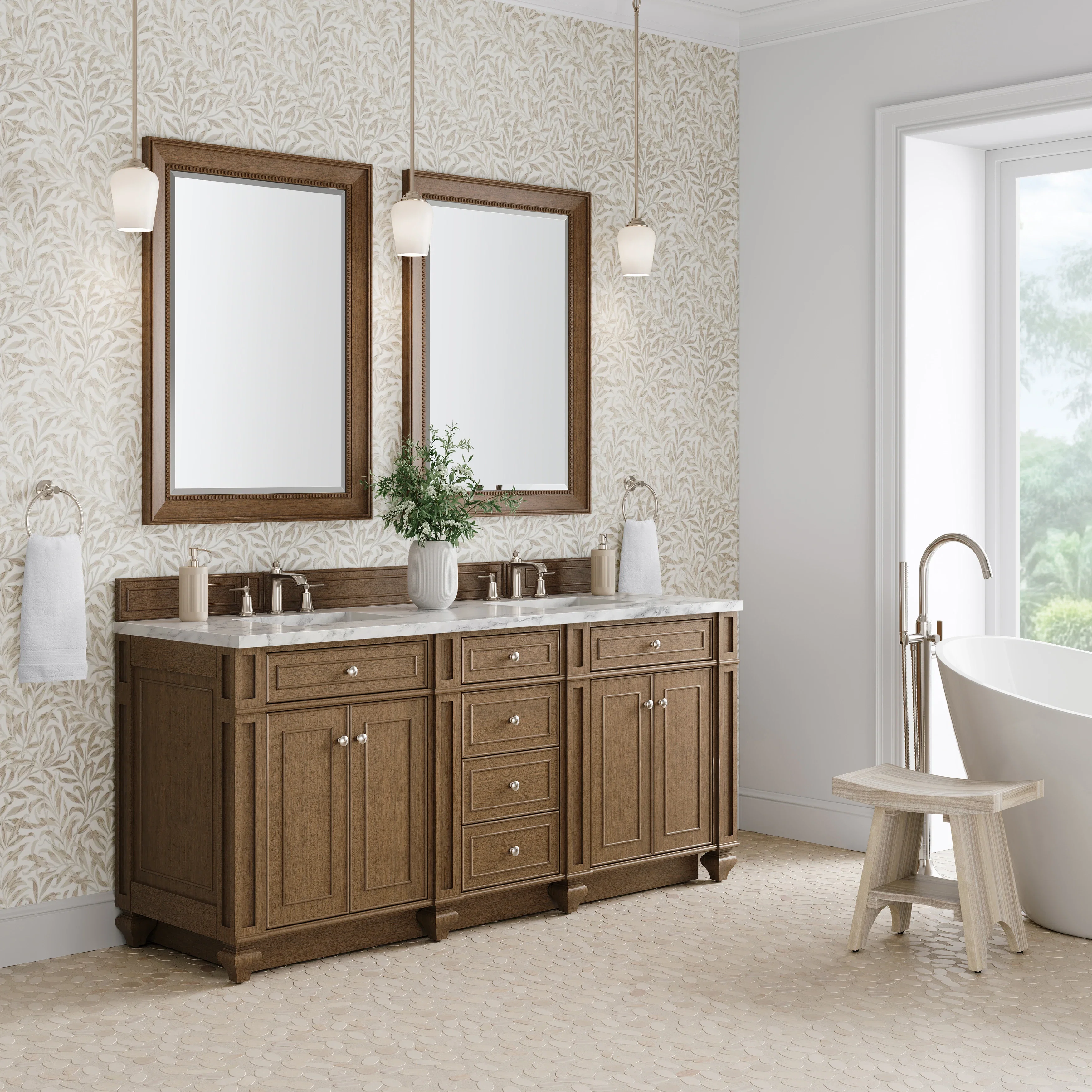 Bristol 72" Double Vanity, Saddle Brown w/ 3 CM Carrara Marble Top