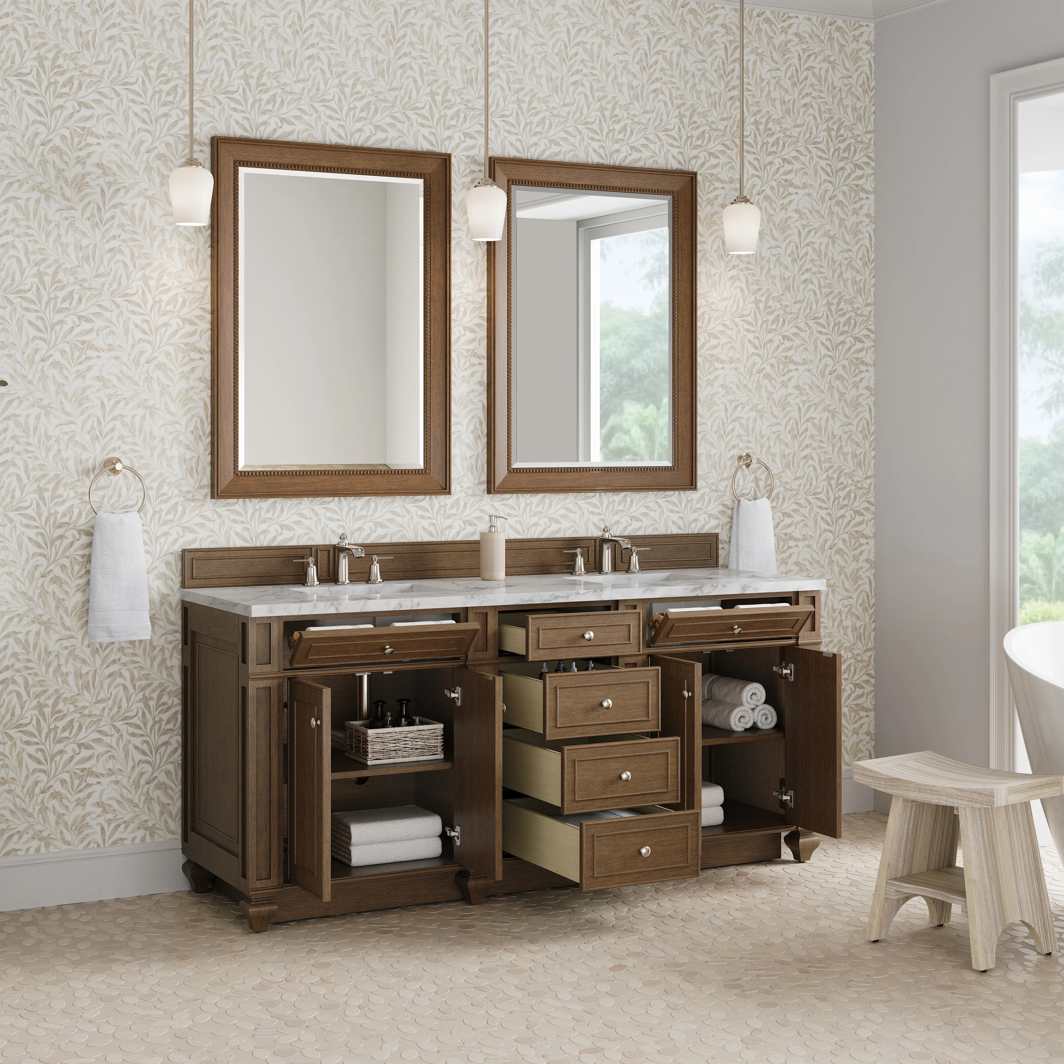 Bristol 72" Double Vanity, Saddle Brown w/ 3 CM Carrara Marble Top