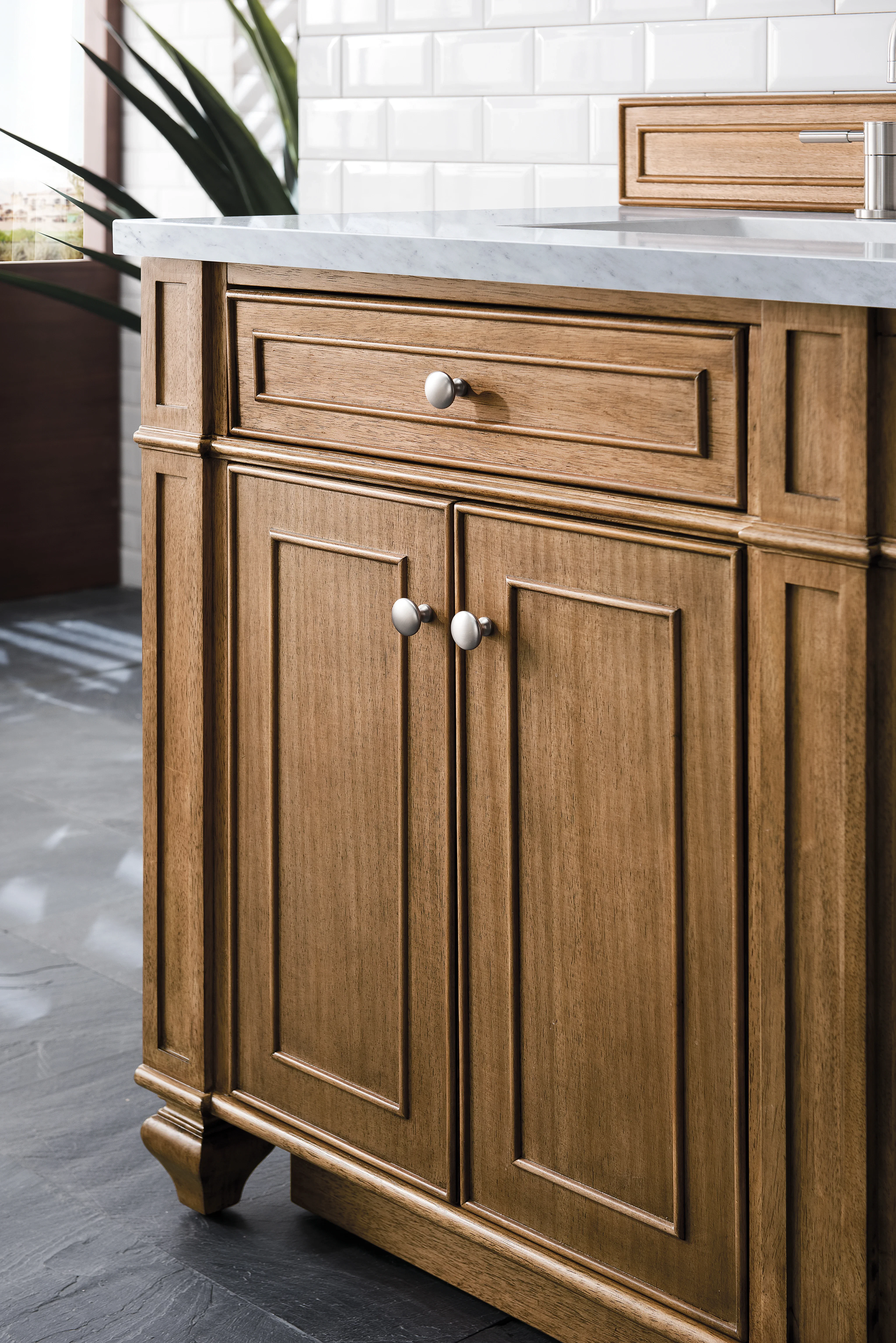 Bristol 72" Double Vanity, Saddle Brown w/ 3 CM Carrara Marble Top