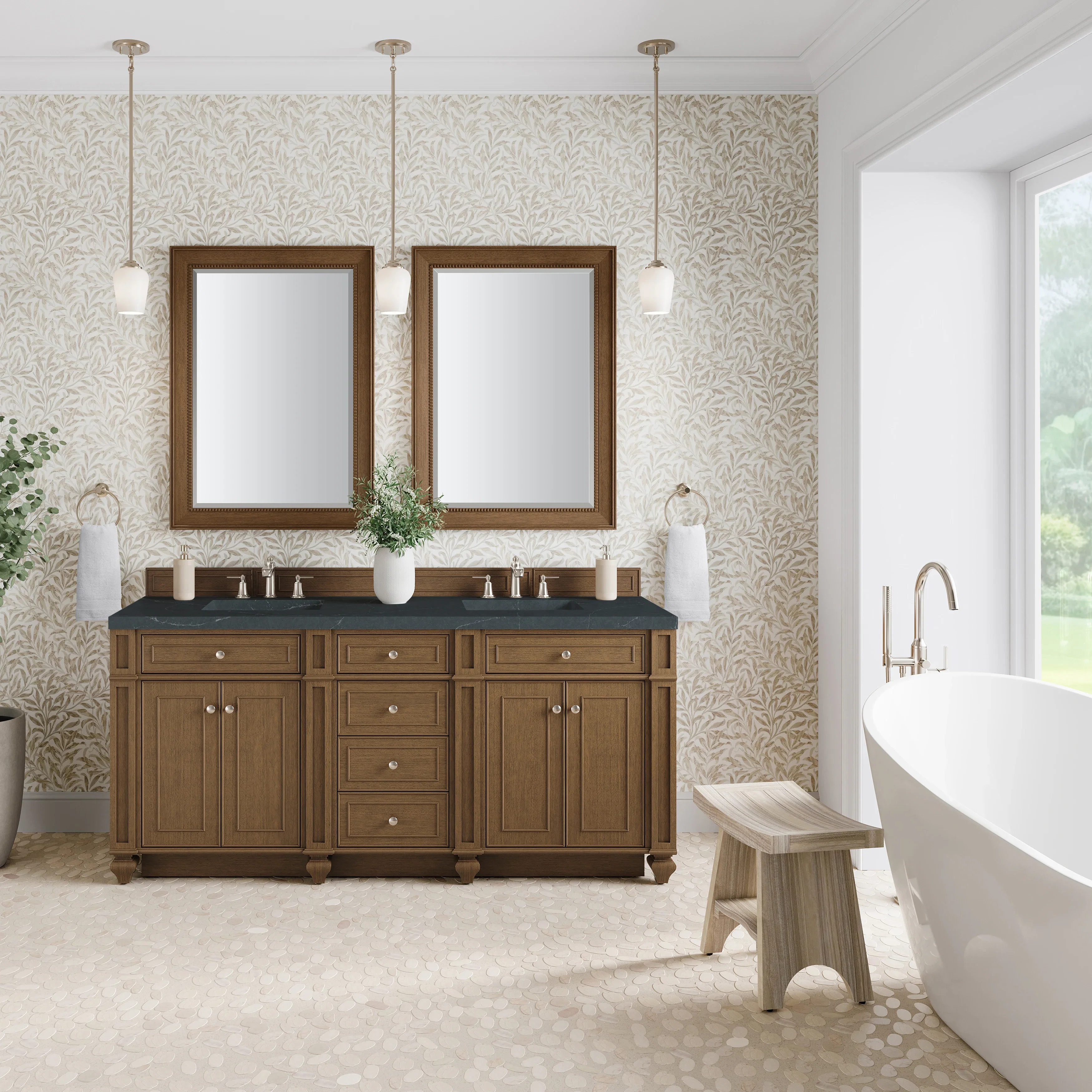 Bristol 72" Double Vanity, Saddle Brown w/ 3 CM Charcoal Soapstone Silestone Top
