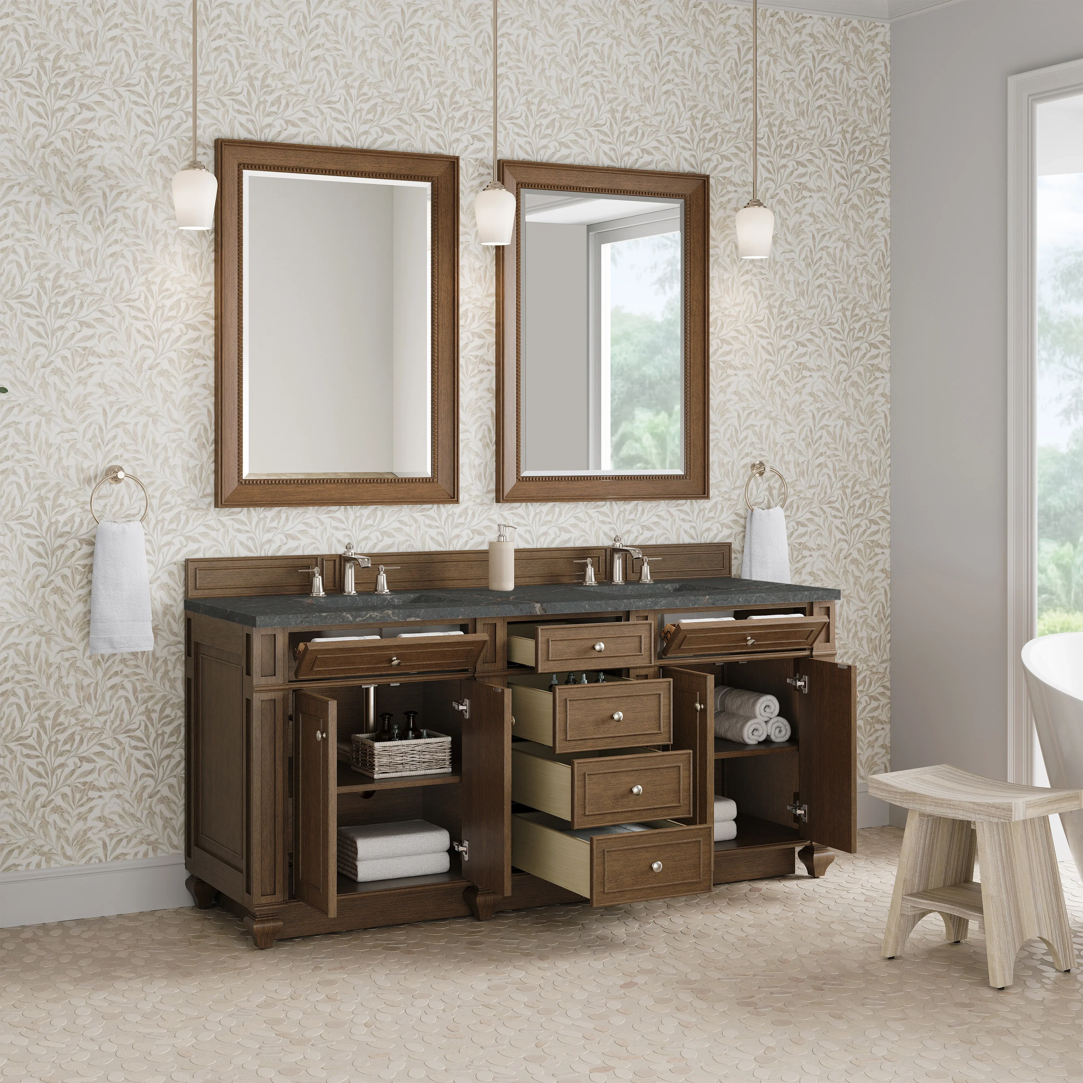 Bristol 72" Double Vanity, Saddle Brown w/ 3 CM Parisien Bleu Silestone Top