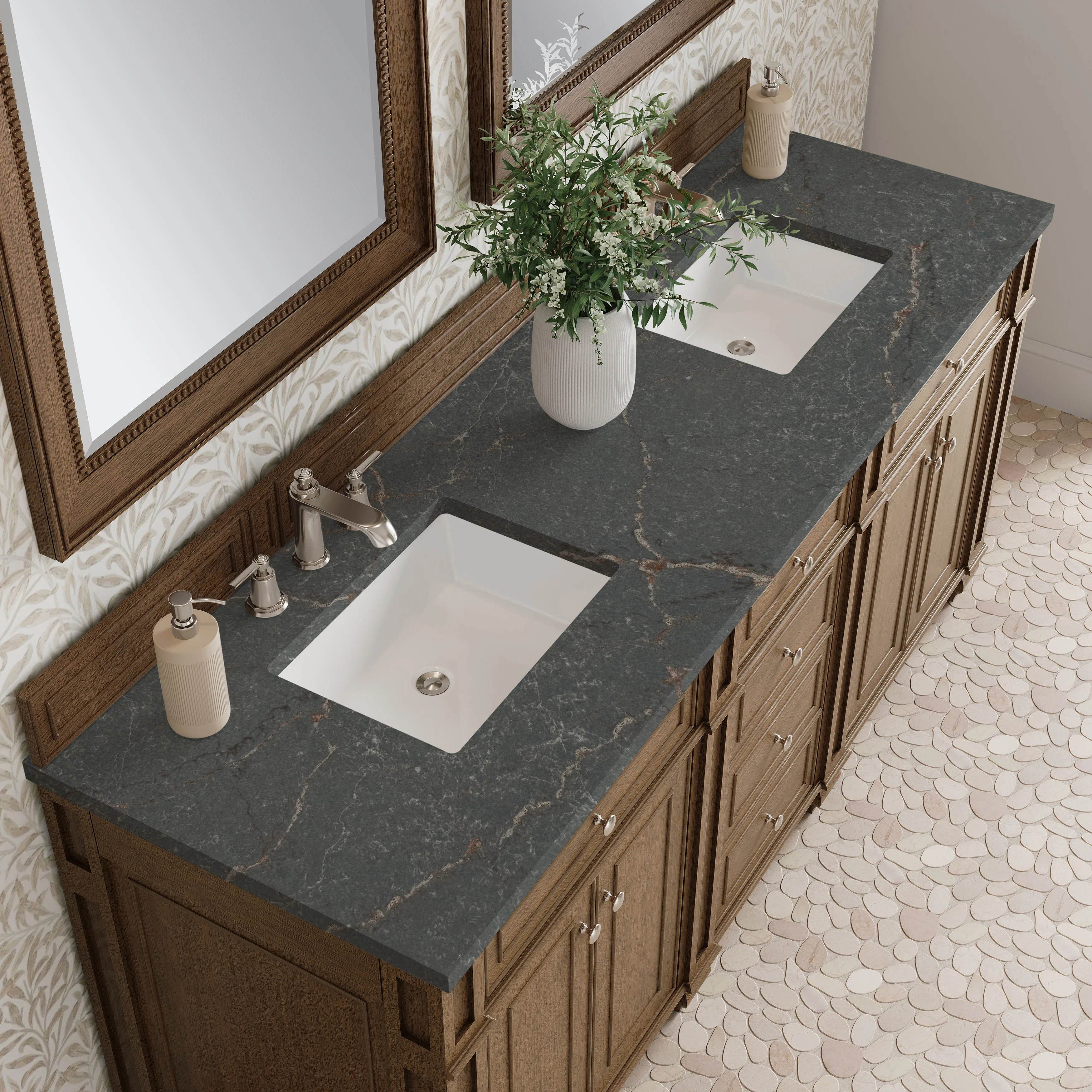 Bristol 72" Double Vanity, Saddle Brown w/ 3 CM Parisien Bleu Silestone Top