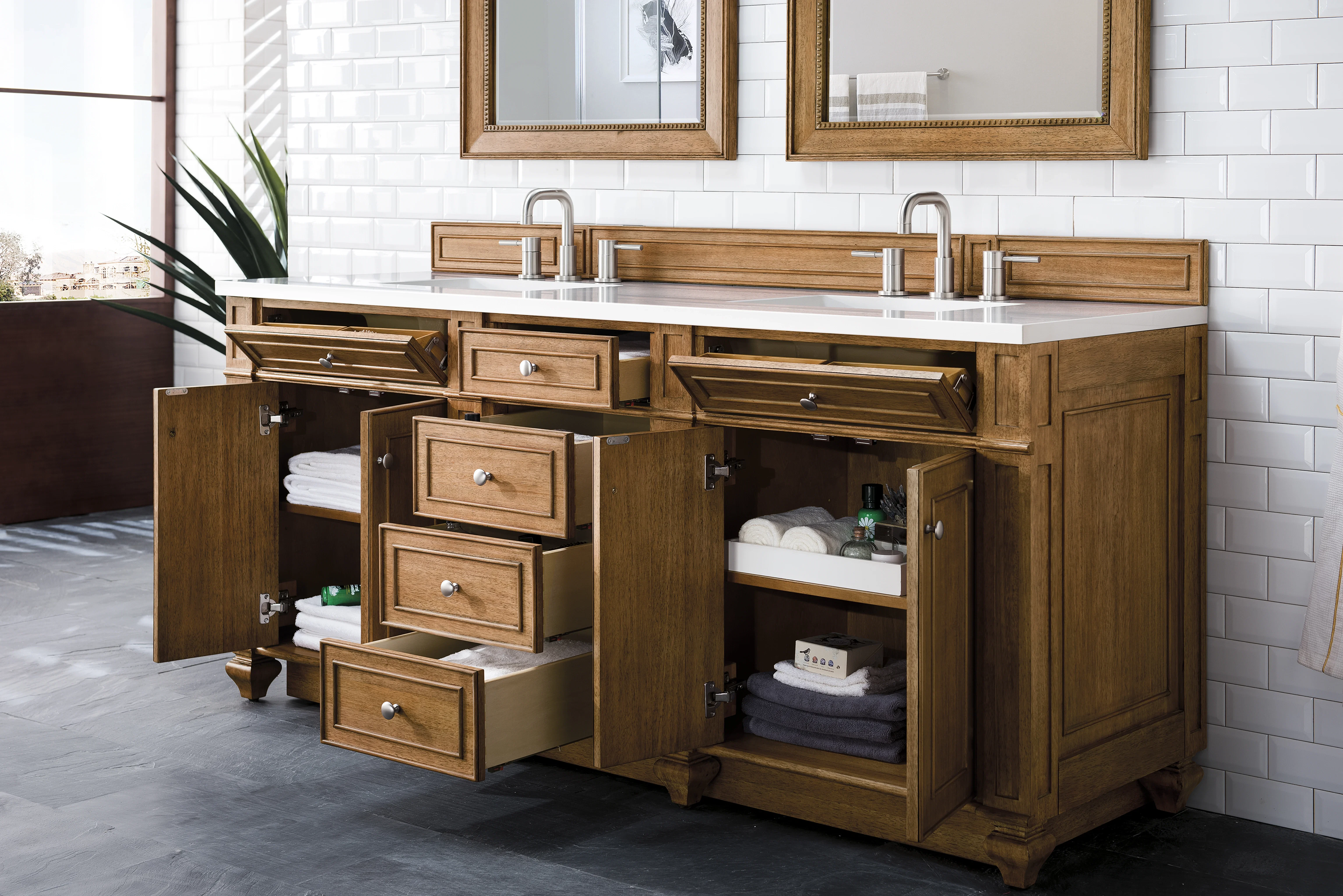 Bristol 72" Double Vanity, Saddle Brown w/ 3 CM White Zeus Silestone Top