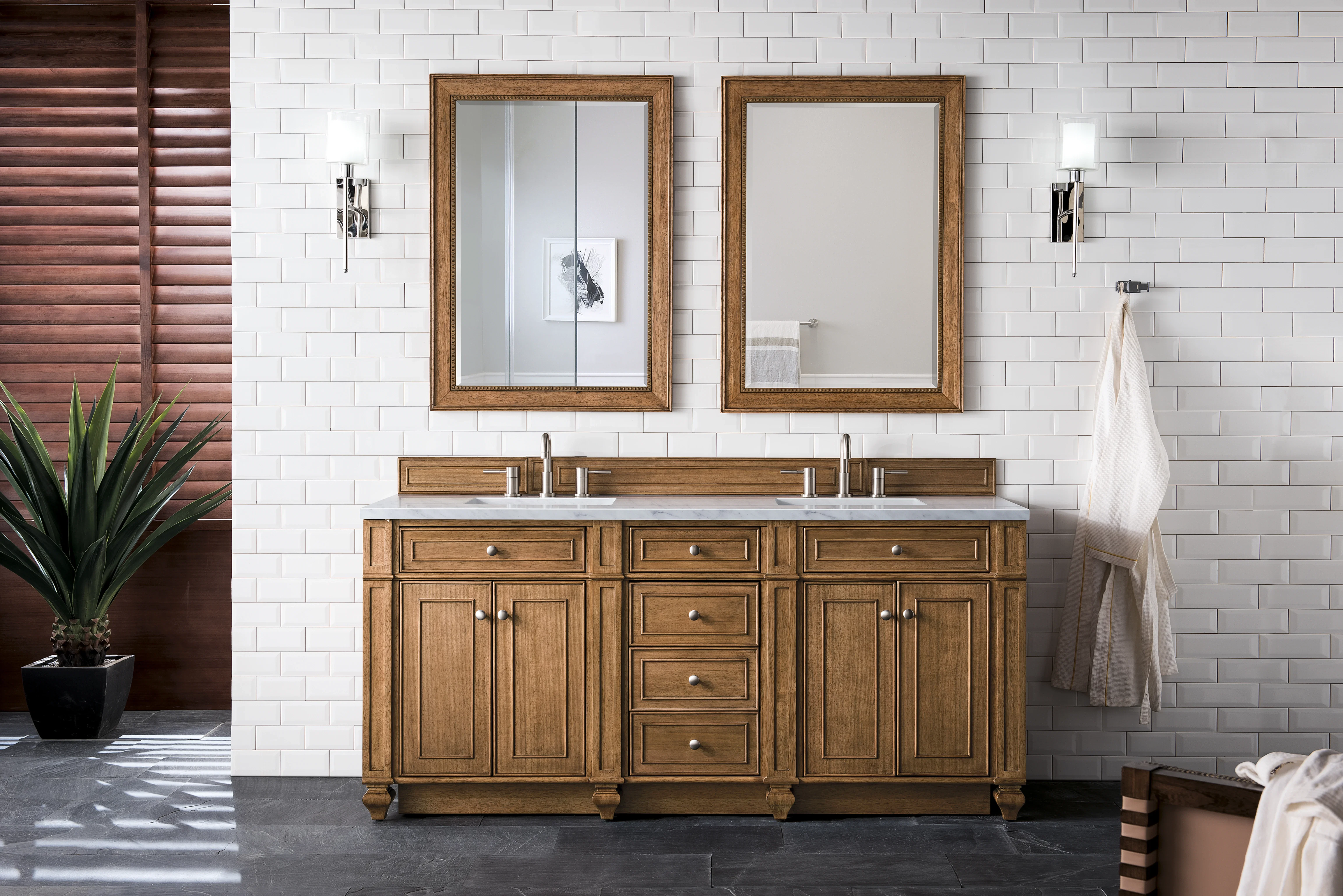 Bristol 72" Double Vanity, Saddle Brown w/ 3 CM Eternal Jasmine Pearl Silestone Top w/FreePower Wireless Charger
