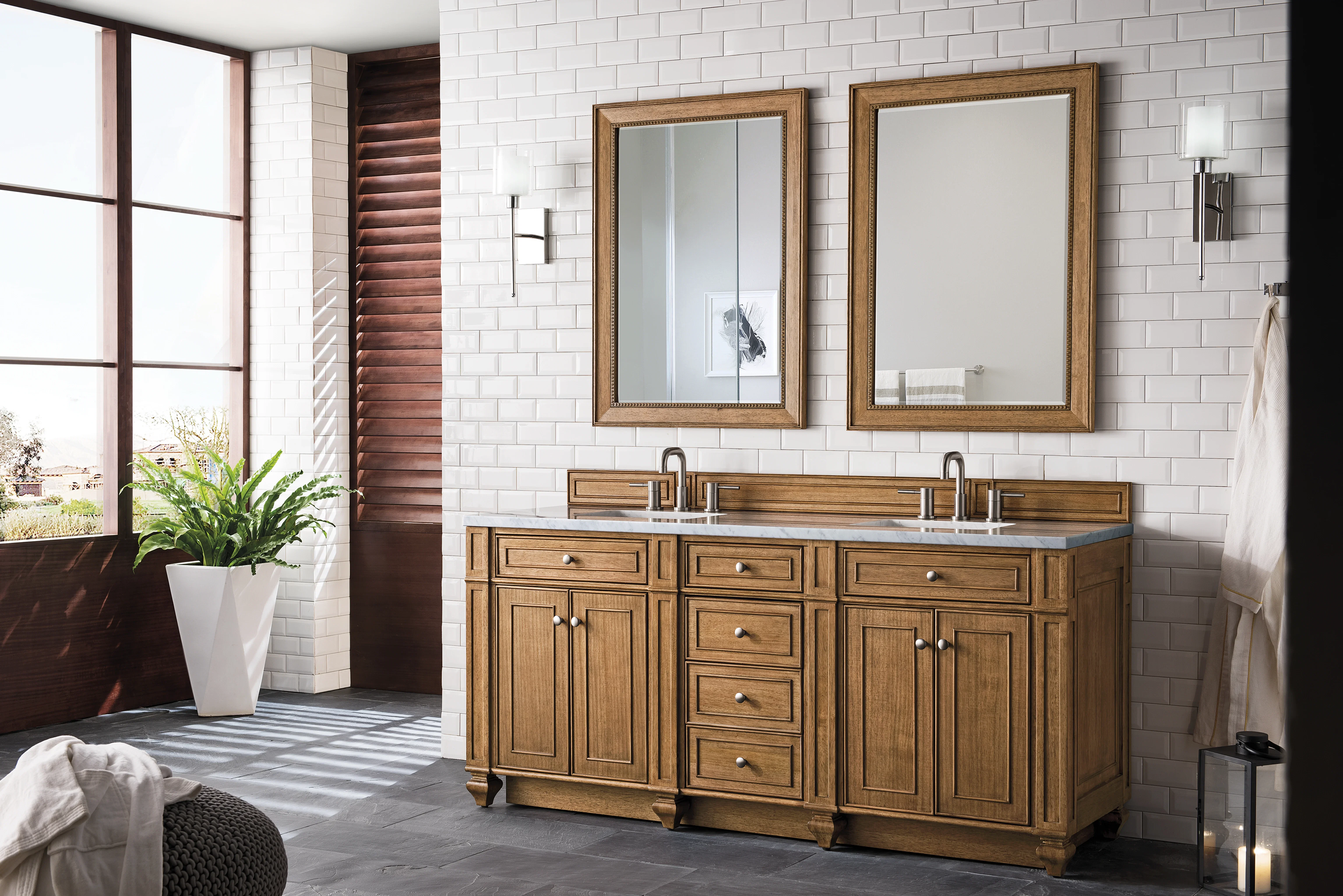 Bristol 72" Double Vanity, Saddle Brown w/ 3 CM Eternal Jasmine Pearl Silestone Top w/FreePower Wireless Charger