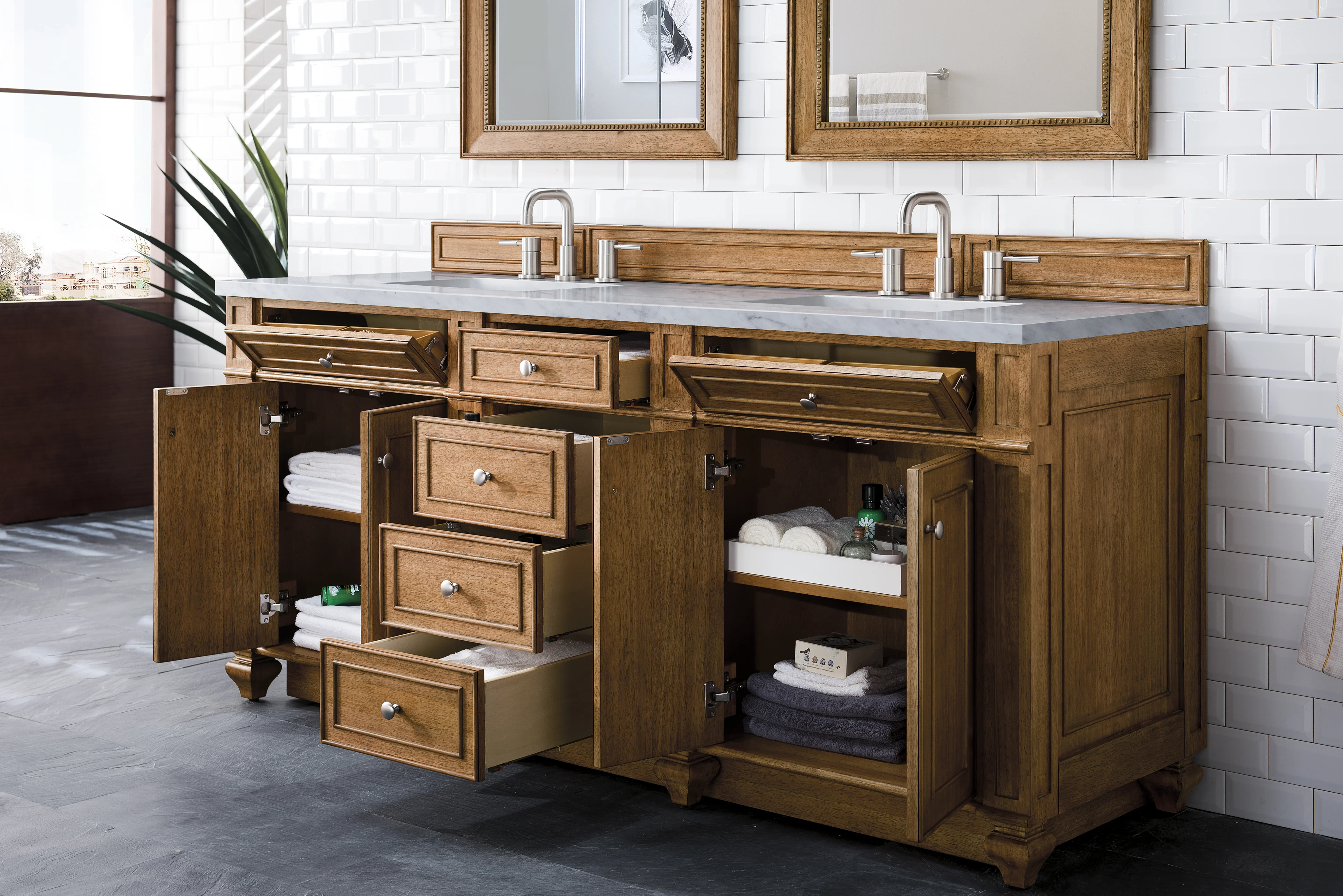 Bristol 72" Double Vanity, Saddle Brown w/ 3 CM Eternal Jasmine Pearl Silestone Top w/FreePower Wireless Charger