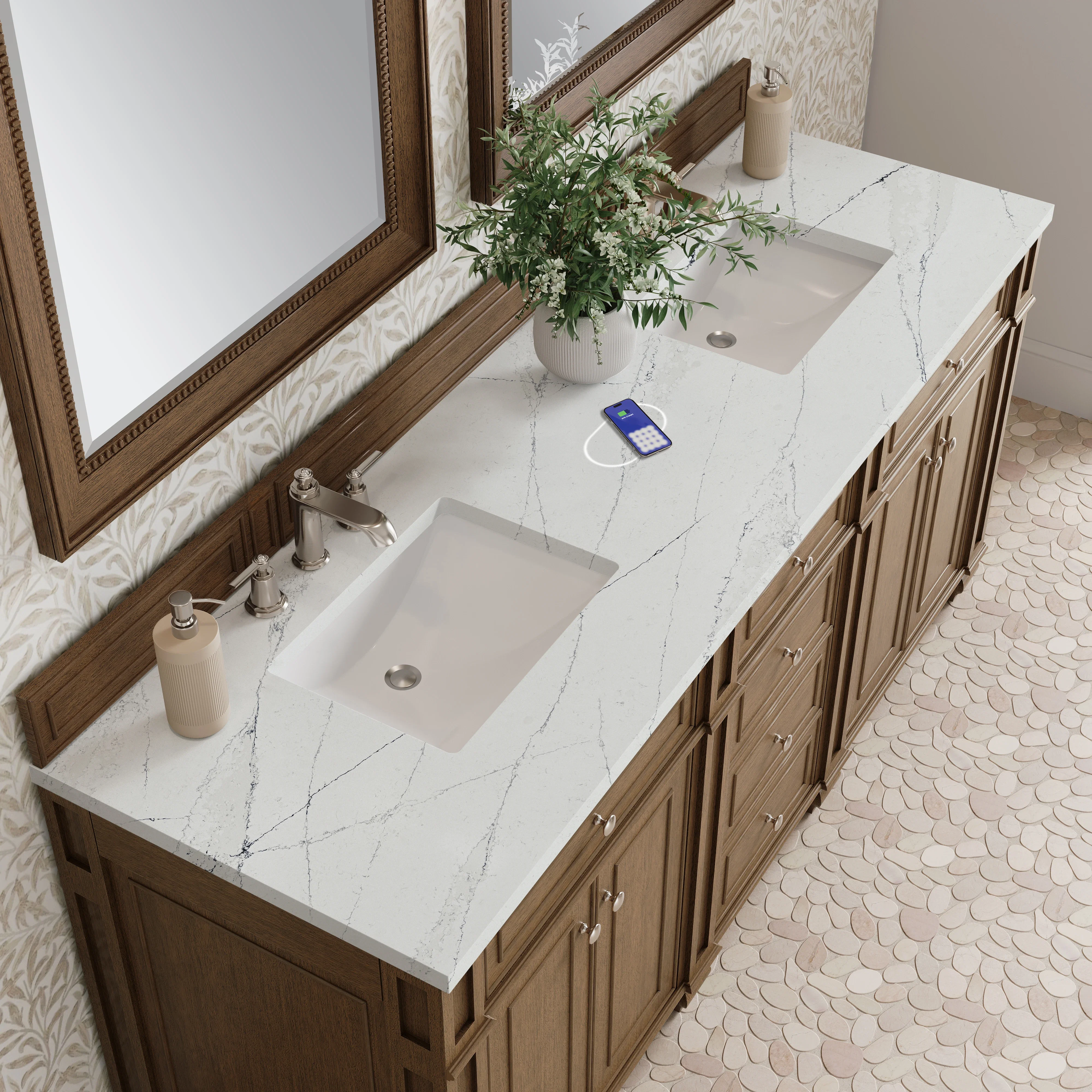 Bristol 72" Double Vanity, Saddle Brown w/ 3 CM Ethereal Noctis Silestone Top w/FreePower Wireless Charger