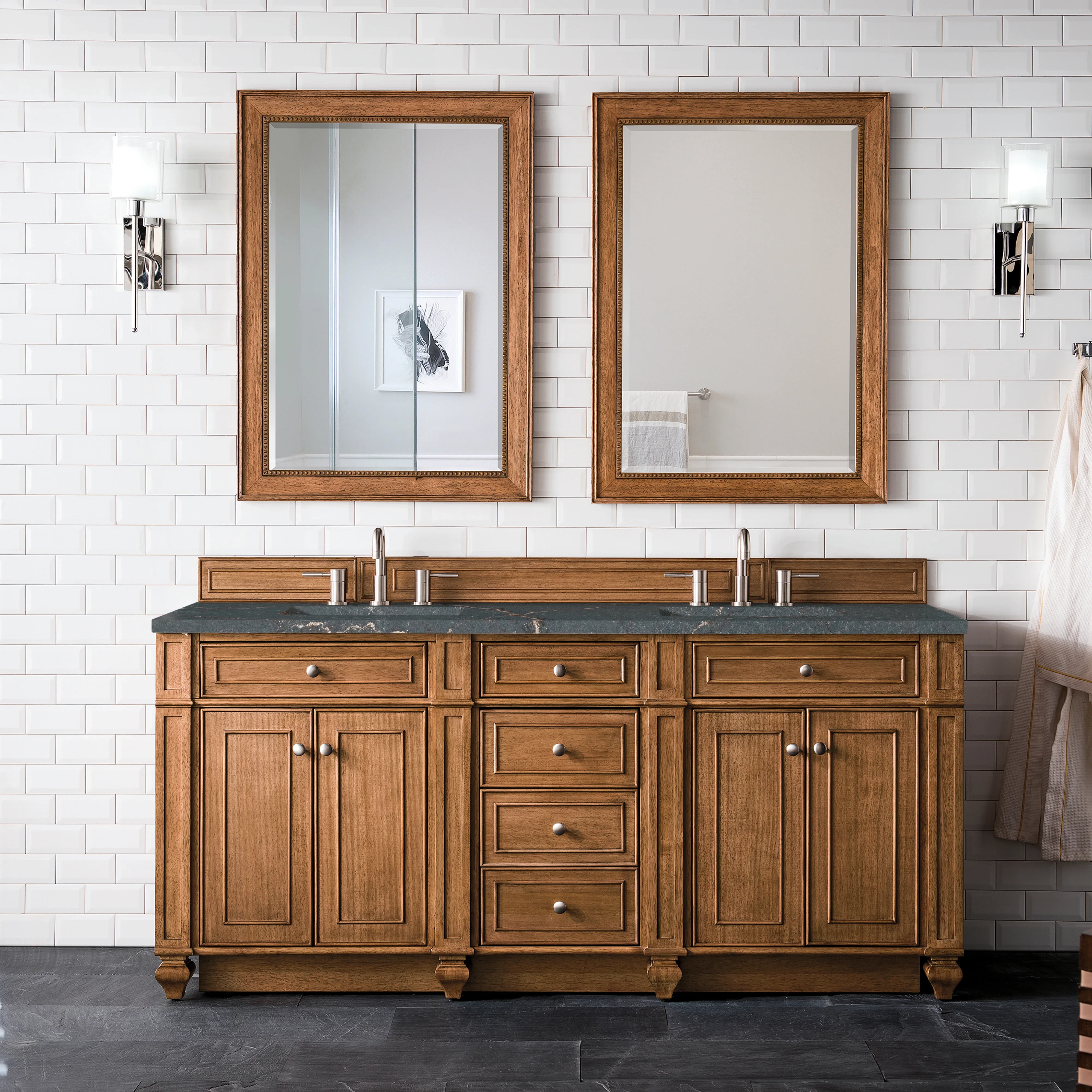 Bristol 72" Double Vanity, Saddle Brown w/ 3 CM Parisien Bleu Silestone Top w/FreePower Wireless Charger