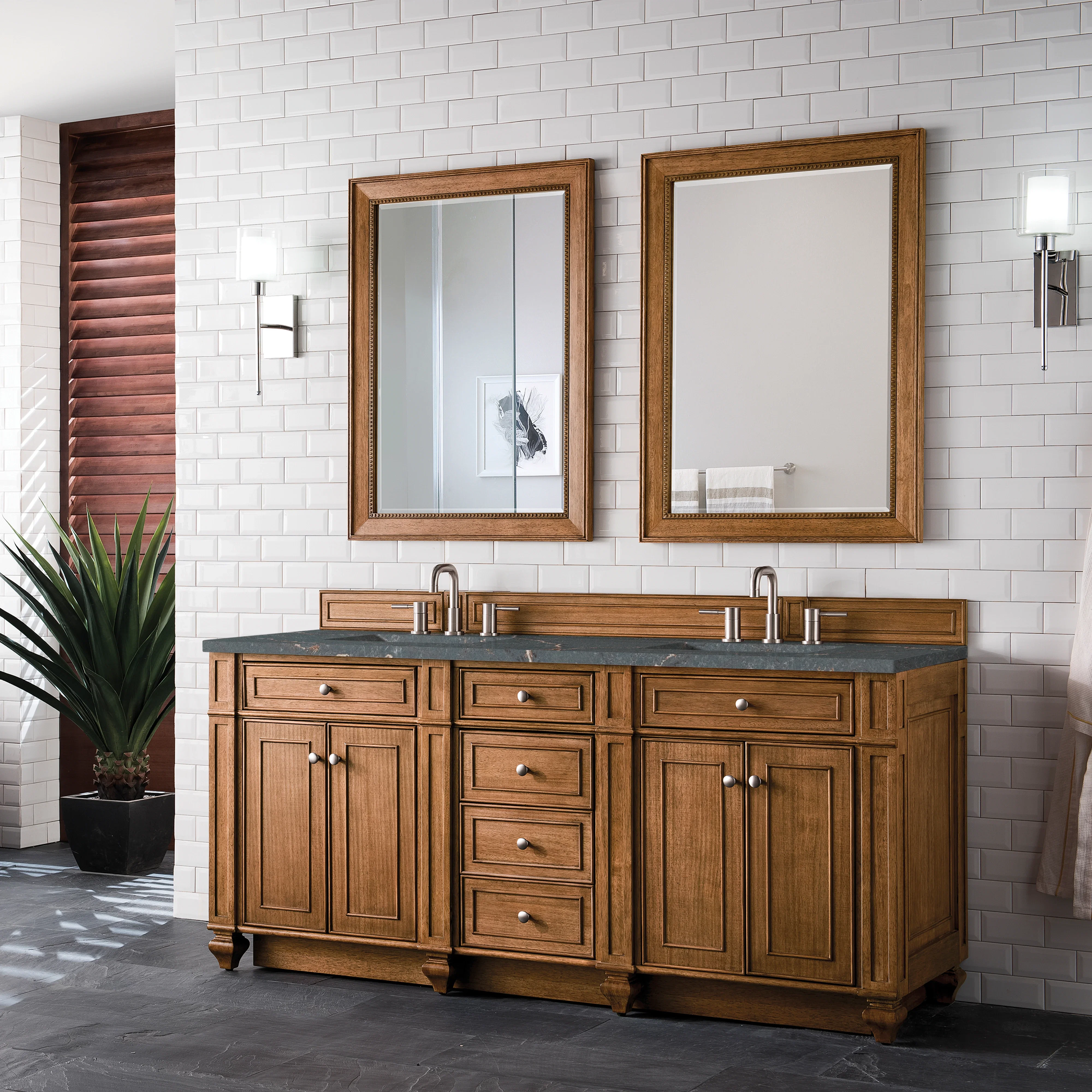 Bristol 72" Double Vanity, Saddle Brown w/ 3 CM Parisien Bleu Silestone Top w/FreePower Wireless Charger