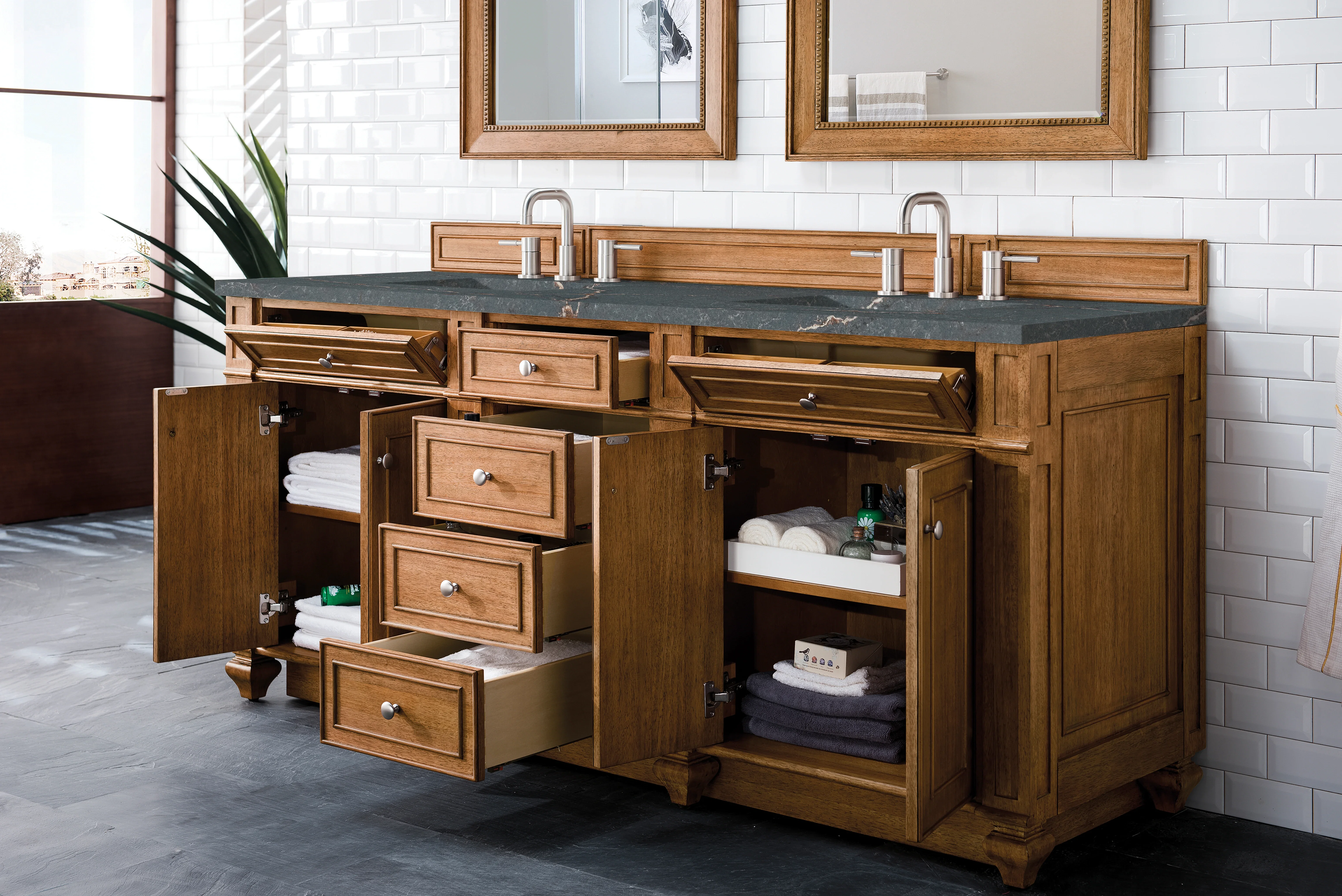 Bristol 72" Double Vanity, Saddle Brown w/ 3 CM Parisien Bleu Silestone Top w/FreePower Wireless Charger