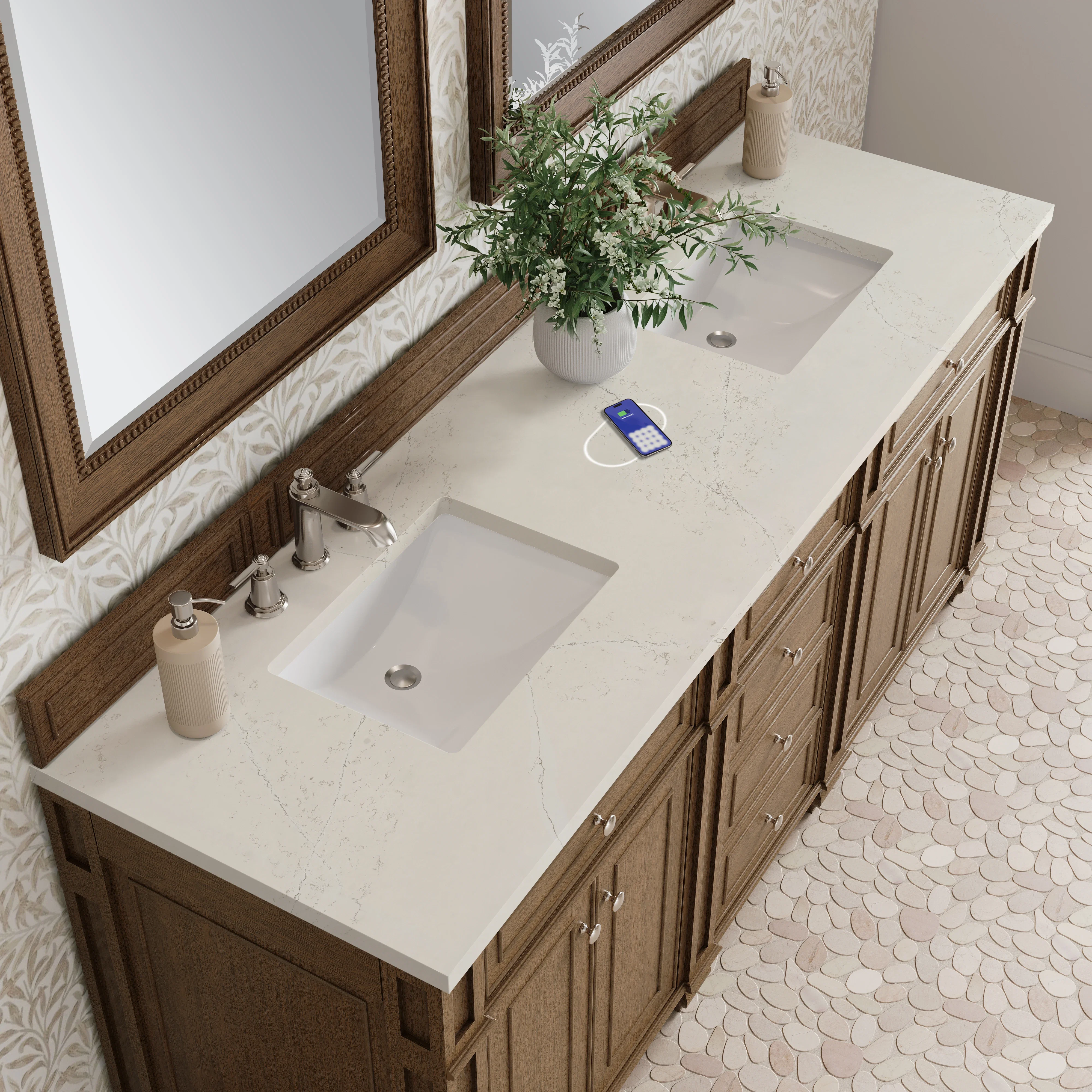 Bristol 72" Double Vanity, Saddle Brown, w/ 3 CM Siberian Silestone Top w/FreePower Wireless Charger