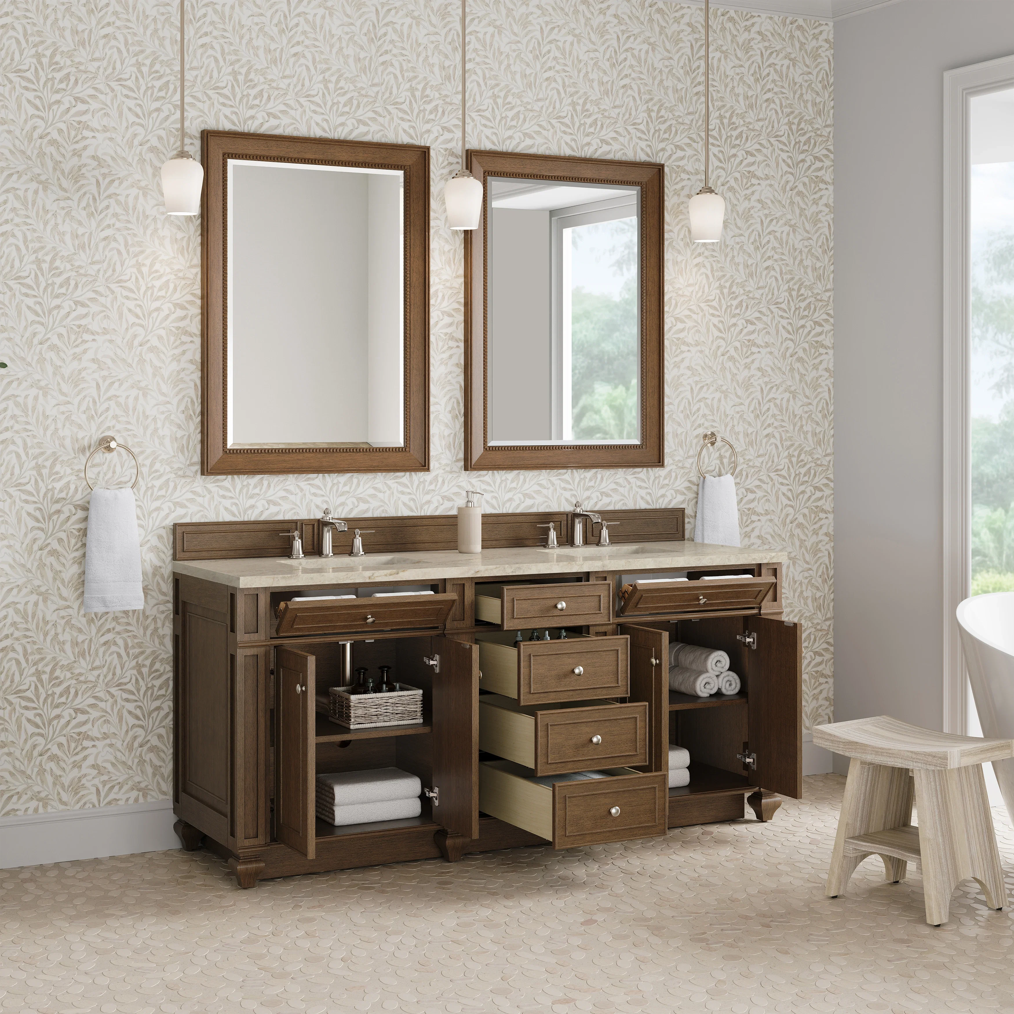 Bristol 72" Double Vanity, Saddle Brown, w/ 3 CM Tajnar Eclos Top w/FreePower Wireless Charger