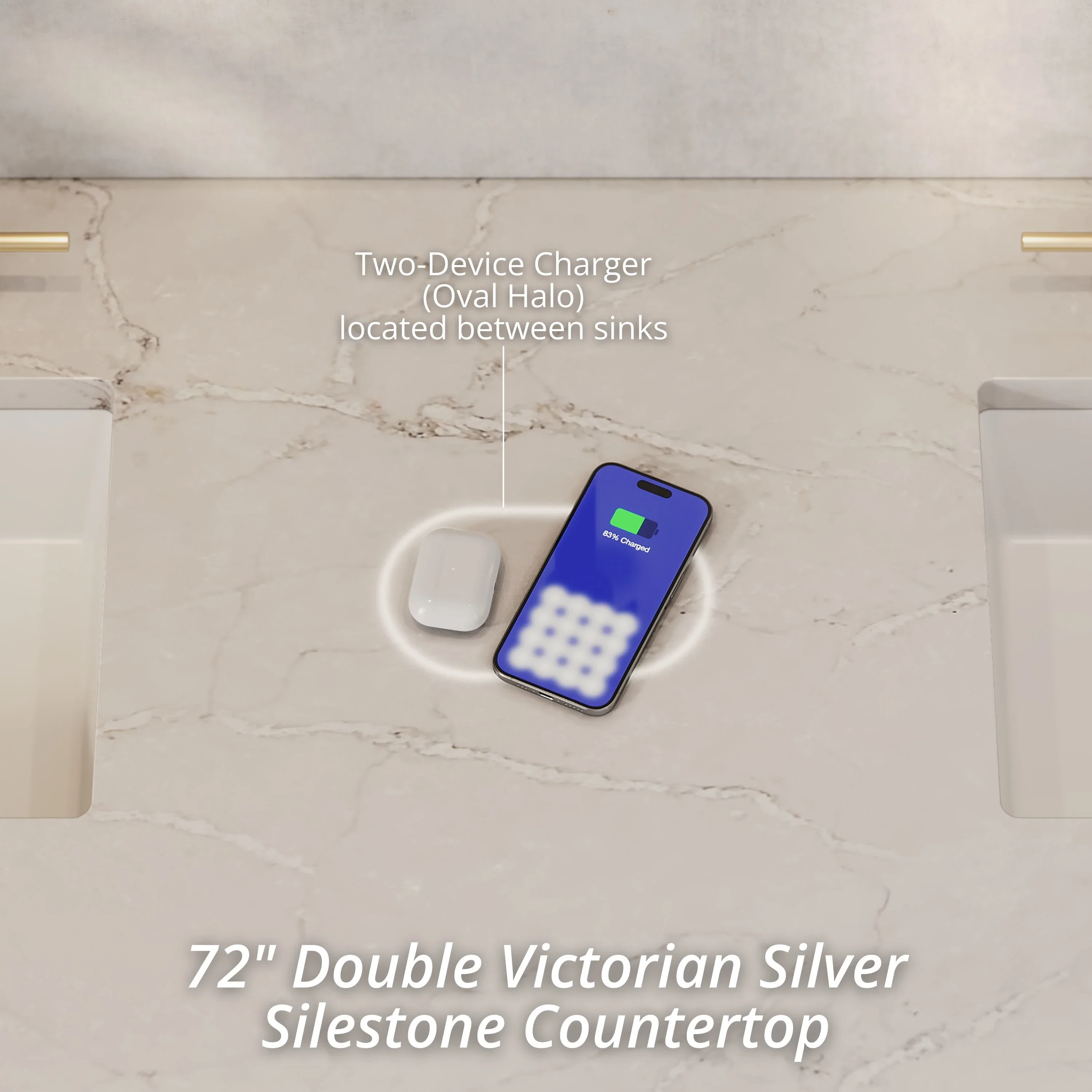 Bristol 72" Double Vanity, Saddle Brown w/ 3 CM Victorian Silver Silestone Top w/FreePower Wireless Charger