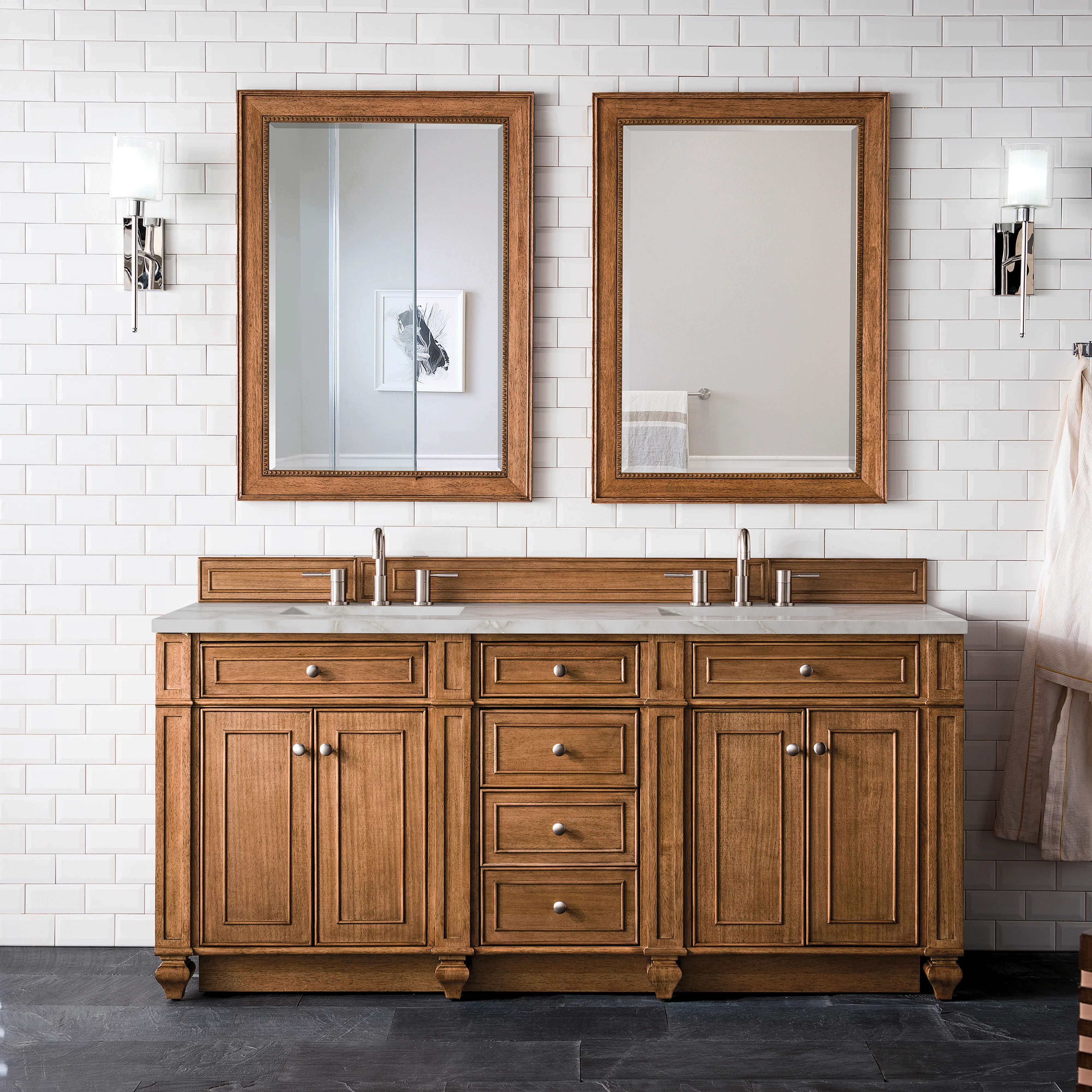 Bristol 72" Double Vanity, Saddle Brown w/ 3 CM Victorian Silver Silestone Top w/FreePower Wireless Charger