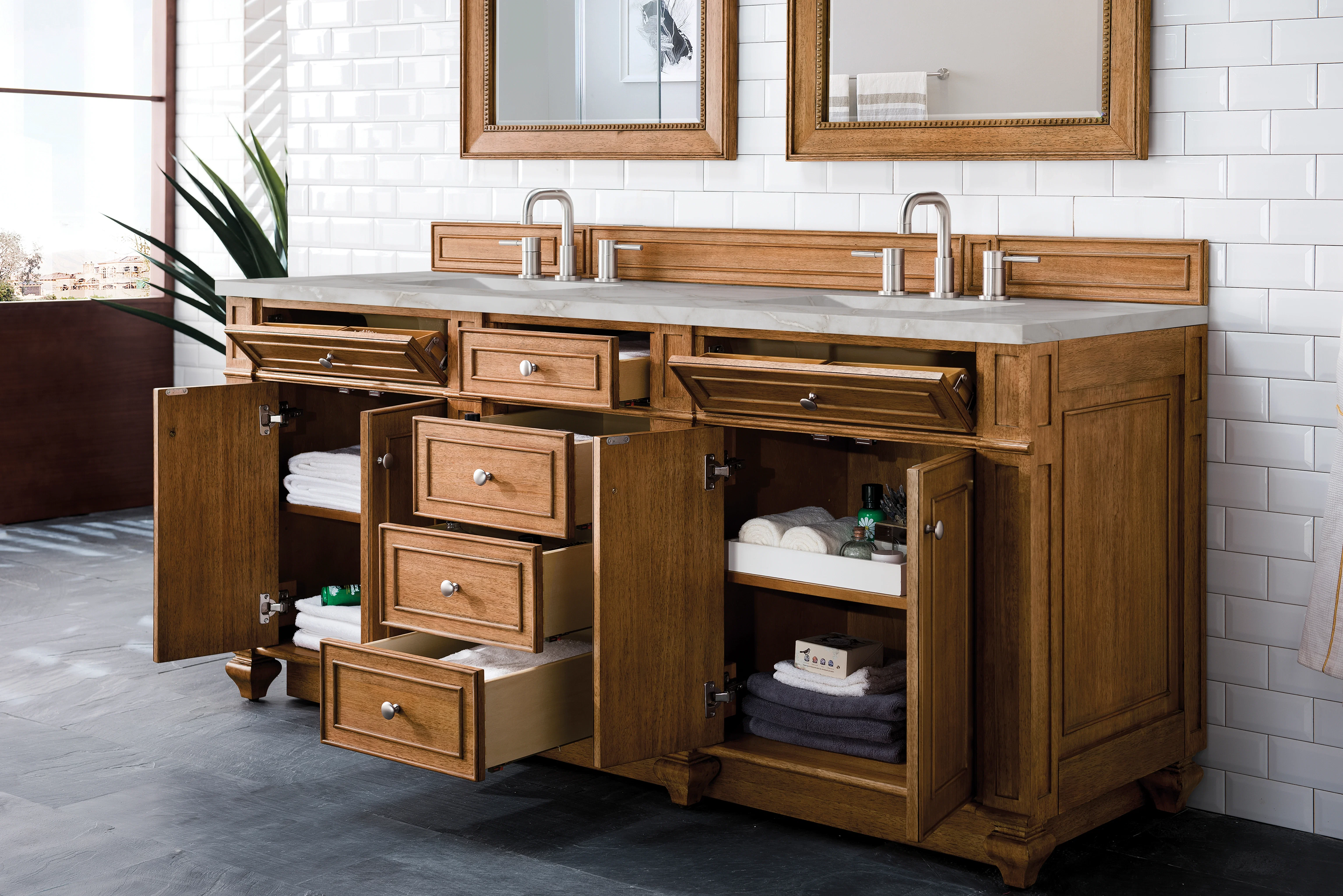 Bristol 72" Double Vanity, Saddle Brown w/ 3 CM Victorian Silver Silestone Top w/FreePower Wireless Charger
